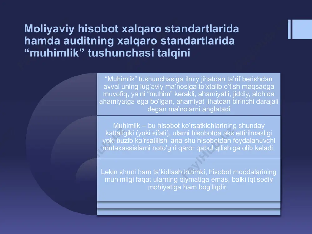 adi. guruhlar bo’yicha balans jami summasi 100 mln. so’mni tashkil etgpn. umumiy guruh uchun muhimlik darajasi 5 mln. so’m (balans jami summasining 5% i) qilib belgilangan. bu yerda shuni e’tiborga olish lozimki, komponentlar miqyosida muhimlik darajasini belgilashda cheklovlar mavjud: konservativ yondashuv komponentlar konservativ yondashuv bo’yicha guruhlar bo’yicha umumiy muhimlik darajasi 5mln. so’m 5 ta komponentga oddiy arifmetik taqsimlash yo’li bilan taqsimlanadi. bizning misolimizga muvofiq sho’’ba korxonalar hajm jihatdan teng bo’lganligi munosabati bilan ularning xar biriga muhimlik darajasini 1 mln. so’m qilib belgilaymiz. agar biz o’rganayotgan komponentlar hajm jihatdan xar xil bo’lganda ham guruh uchun umumiymuhimlik darajasi 5 mln. so’mni tashkil etgan bo’lar edi, ammo uni komponentlarga taqsimlash har bir komponentning salmog’iga mutanosib ravishda taqsimlanar edi. komponentlar bo’yicha muhimlik darajasini 5 mln. so’m miqdorida belgilanishi (ya’ni guruhlar uchun umumiy muhimlik darajasiga teng miqdorda, belgilanishi), xatoliklarni aniqlanmaslik riskini oshishiga olib keladi. komponent bo’yicha umumiymuhimlik multiplikatori, guruh bo’yicha umumiy muhimlik darajasiga nisbatan 1 …