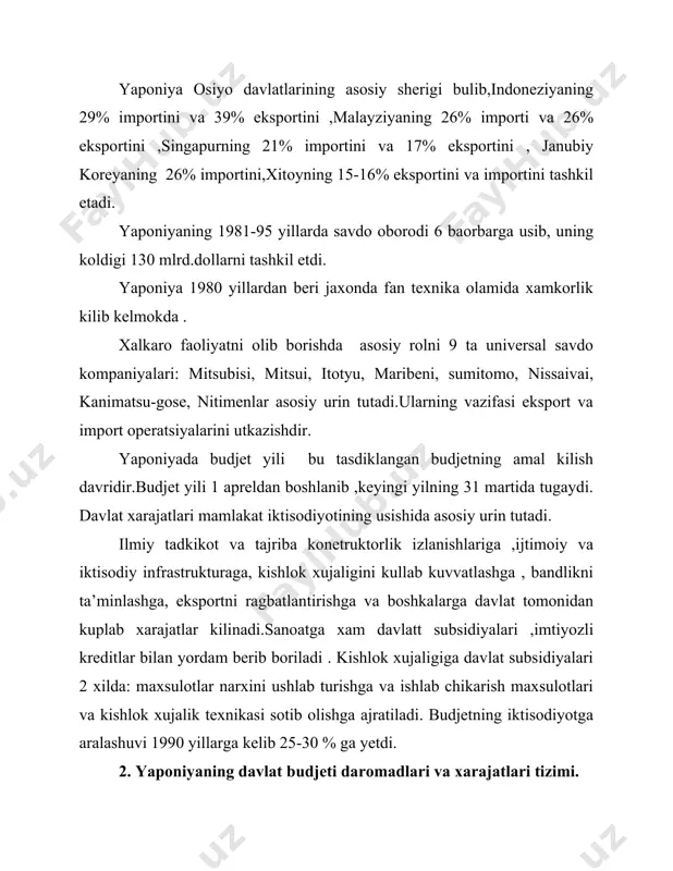 ituvchi subyektlar xar-xil daromadlaridan ajratmalari, budjet mablaglari , bank kreditlaridan tashkil topdi. sugurtalash jamiyat va shaxsiy manfaatlarni ximoyalanishi kafolatlangan bulishi uchun u davlvat boshkaruvi va nazoratida buladi.mulkiy va shaxsiy sugurta fondlari 3 ta asosiy manbaalar xisobidan :sugurtalanganlarning sugurta badallari , tadbirkorlarning sugurta badallari va davlat subsidiyalaridan tashkil topadi. xar xil korporatsiyalar va korxonalarning moliyaviy boshkaruvi -ishlab chikarish xajmi va maxalliy realizatsiyaning prognozi , ilmiy texnikaviy tarakkiyot rivojlanishi prognozi, ishlab chikarish uslublarini tatbik kilish va moliyaviy mablaglar bilan ta’minlash prognozini uz ichiga oladigan moliyaviy rejalar ishlab chikishni uz ichiga oladigan moliyaviy rejalar ishlab chikishni uz ichiga oladi .bular 1 yildan 5 yilgacha muddatlarga ishlab chikiladi.bu korxonalar moliyaviy faoliyati tegishli bulimlar tomonidan muvofiklashtirib turiladi. yaponiya budjeti solik daromadlari mikdorining ustunligi bilan xarakterlanadi. markaziy budjet daromadlarida ular 80-90% gacha buladi . yaponiya budjetiga asosn kuyidagi yirik daromadlar : axoli daromad soliklari , korporsiyalar va korxonalarning foyda soligi , aksiz soliklar, kushilgan kiymat soligi …