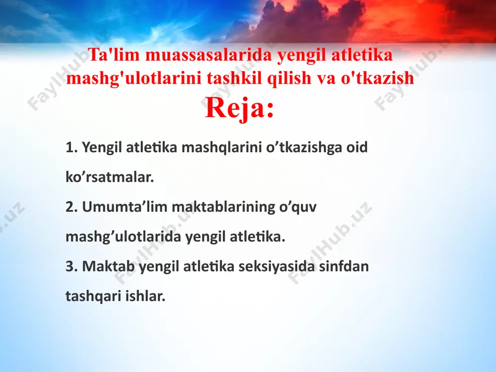 ib uzunlika sakrash, yugurib kelib uch xatlab sakrash, turgan joydan uzunlika sakrash , langarcho‘p bilan sakrash, sakrash turlari haqida nazariy ma`lumotlarga ega qilish. uloqtirish turlari texnikasini o‘rgatish metodikasi. uloqtirish texnikasiga o‘rgatish , yadro itqitish, disk, nayza uloqtirish, granata uloqtirish, bosqon uloqtrish turlari haqida nazariy ma`lumotlarga ega qilish ko‘p kurash turlari texnikasini o‘rgatish metodikasi. ko‘p kurash turlariga o‘rgatish metodikasi 3,5,7,10 turlarini o‘z ichiga oladi uch kurashga 100 metr, yadro va balandlika sakrash turlari. 5 kurashga 60 yoki 100 metr uzunlika sakrash granata uloqtirish balandlika sakrash kross yugurish , 7 kurshaga 100 metr uzunlika sakrash, disk uloqtirish, balandlik sakrash 110 metrga to‘siqlar osha yugurish 800 metrga yugurish. 10 kurash 100 metrga yugurish uzunlika sakrash, disk uloqtirish, balandlika sakrash, 400 mertga yugurish 110 metrga to‘siqlar osha yugurish yadro uloqtirish, balandlika langar cho‘pga sakrash nayza uloqtirish, 1500 mertga yugurish haqida nazariy ma`lumotlarga ega qilish. yengil atletika bo‘yicha o‘quv ishlarini tashkil qilish, rejalashtirish va hisobini …