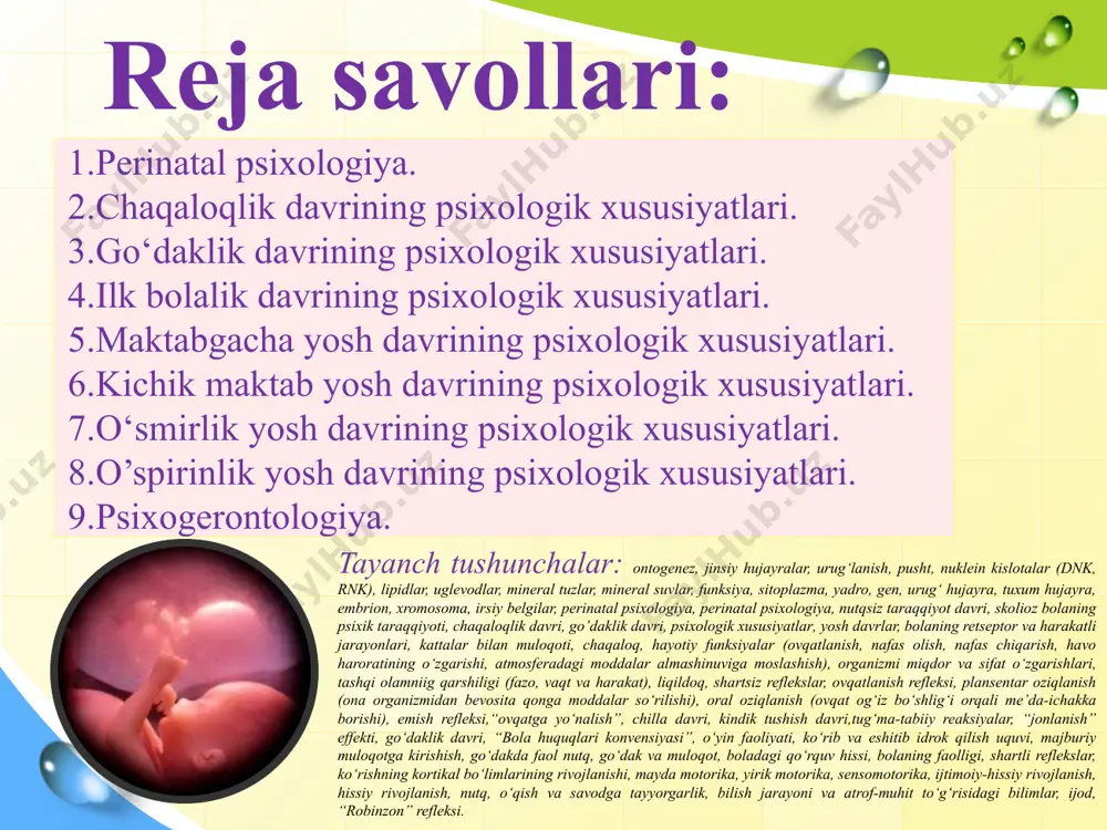 jlanishi, mayda motorika, yirik motorika, sensomotorika, ijtimoiy-hissiy rivojlanish, hissiy rivojlanish, nutq, o‘qish va savodga tayyorgarlik, bilish jarayoni va atrof-muhit to‘g‘risidagi bilimlar, ijod, “robinzon” refleksi. biologik yosh va uning asosiy mezonlari. 1965 yilda mashhur antropolok v.v.bunak odamning biologik yoshini aniqlashdan ontogenez jarayoni 3 ta bosqichdan, ya’ni progressiv, barqaror va regressiv bosqichlardan iborat ekanligini ko‘rsatdi. progressiv bosqichda tana bo‘yiga qarab aktiv o‘sadi. organizmda qurilish jarayonlari yemirilish jarayonlariga nisbatan ustunlik qiladi. miqdoriy va sifatli o‘sish to‘xtashi bilan bosqich tugallanadi. barqaror bosqichda organizmning funksional ko‘rsatkichlari ma’lum bir stabil holda o‘zgarmaydi, teri osti yog‘ qatlami qalinlashadi, tananing umumiy vazni oshadi. regressiv bosqich-tana vazni kamayadi, tana harakatlarining tezligi sustlashadi, organizmning funksional ko‘rsatkichlari ham pasayadi. bu bosqichda yemirilish jarayonlari qurilish jarayonlariga nisbatan ustunlik qiladi. tavsiya etilgan jadvalda v.v.bunakning individual taraqqiyotining davrlarga bo‘linishi ko‘rsatilgan. postnatal taraqqiyotning davrlarga bo‘linishi umumlashtirilgan jadvali qabul qilingan. 1.chaqaloqlik davri - 1 - 10 kun. 2.ko‘krak emish davri - 10 kundan 1 yilgacha 3.yerta …