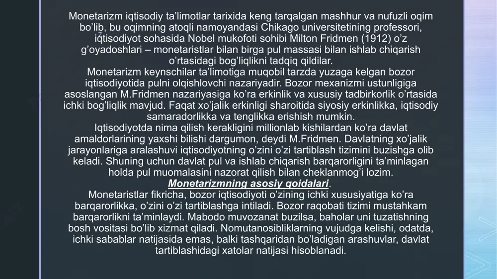 lliflari fransuz iqtisodchisi bernar lavern va uning nemis hamkasbi aleksandr ryustou hisoblanadi. z neoliberalizm klassik liberalizmdan farqli boʻlib, davlatning iqtisodga aralashuvi va uni tartibga solishini to‘liq inkor etmaydi, ammo o‘z funksiyasida faqat raqobat tamoyillari va erkin bozor qonunlarini o‘rnatish vazifasini qoldiradi. bunda erkin bozor va cheklanmagan raqobatni asosiy vosita deb biladi. neoliberalizmda taraqqiyotni taʼminlash va ijtimoiy adolatga erishish mumkin bo‘lgan barcha narsa yalpi ichki mahsulot bilan o‘lchanadigan iqtisodiy o‘sishga asoslangan. neoliberalistlar iqtisodiyotni liberallashtirishni, erkin baho shakllanish prinsiplaridan foydalanishni, iqtisodiyotda xususiy mulk va nodavlat tuzilmalarining yetakchi bo`lishini qo`llaydilar. davlatning iqtisodiyotni boshqarishdagi rolini esa "tunggi qorovul" yoki "sport sud'yasi" qabilida bo`lishi ko`zda tutiladi. bu yo`nalishning yirik vakili l.erxard aytganidek "raqobat mumkin bo`lgan hamma yerda, tartibga solish - zarur bo`lgan yerda" amalga oshuvi kerak. davlatning iqtisodiyotdagi ishtiroki cheklangan bo`lib, tadbirkorlarning erkin va mo'tadil faoliyati iqtisodiyotdagi muvozanatni saqlashning asosiy sharti sifatida qaraladi. e’tiboringiz uchun rahmat! z image4.png image5.png image6.png image7.png image8.png image9.png image10.png image2.png …