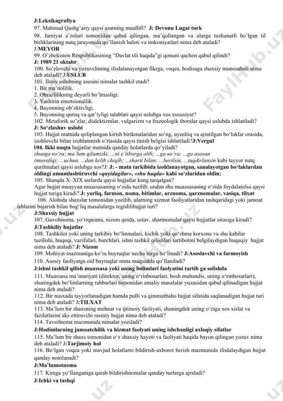 inlarni toping? j osmon tok zor 83. ”og'ziga talqon solmoq, oftobda qatiq yalashgan, oralaridan qil ham o'tmaydi” birikmalari qanday so’z birikmasi sanaladi? 84. xalqning hayoti tajribasi, donishmandligi negizida vujudga keladigan birikmalarni belgilang? j:maqola 85. imlo lug'atlarida so'zlarning qaysi jihatlari hisobga olingan bo'ladi? 86. biror ilmiy va ijodiy ishga o‘zga mutaxassis tomonidan ishning yutuq va kamchiliklari yoritilgan matn turi qanday nomlanadi? j: taqriz 87. qandaydir nashr haqida qisqa axborot beruvchi matn turini aniqlang. j:annotasiya 88. javoblardan oltin so‘zi o‘z ma’nosida qo‘llangan gapni belgilang. 89. yusuf xos hojib qaysi asarning muallifi? j:qutadg’u bilig 90. og‘zaki nutq leksikasiga qaysi uslub kiradi? 91. nutqni birorta yoki ayrim-ayrim turlari uchun ishlatiladigan so‘zlar qanday leksika deyiladi? 92. ma’lum hududda qo‘llanuvchi so’zlarga nima deyiladi? j:dealektizm 93. qanday matnlarda ko‘chirmalardan foydalanish, manbalarga havola qilish va sarlavha tanlashga ham jiddiy e’tibor beriladi? 94. ma’lum bir fan doirasida qo’llaniladigan atamalar qanday nomlanadi? j: ilmiy atamalar 95. migboshi, ellikboshi, kanizak, omoch, …