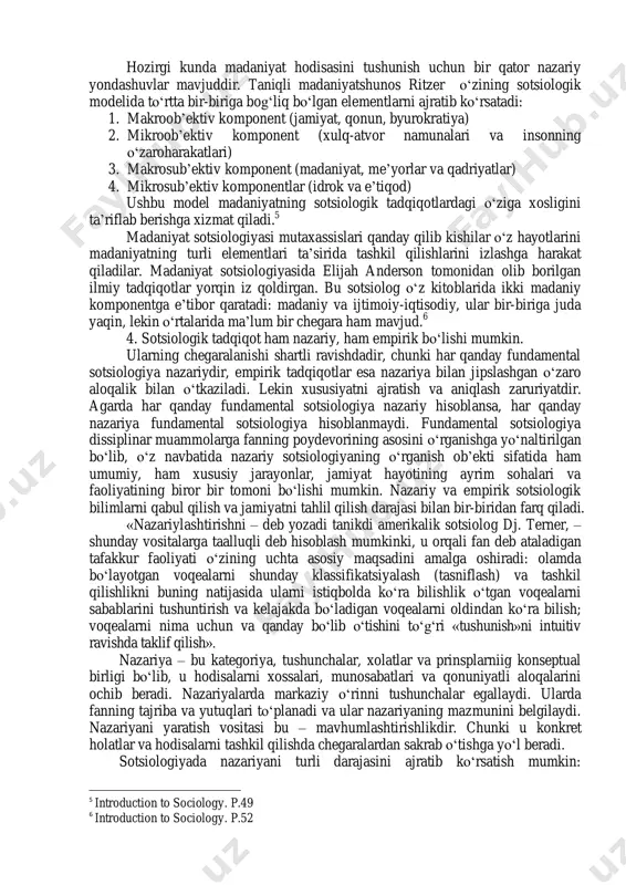 haqirig‘i, ayniqsa uni sotsial ta’sirini real xis qildi. e.dyurkgeym qarashlarida din bu jamoaviy aktdir., u o‘zida insonlarning ko‘pgina hulq-atvorini mujassamlashtirshagn bo‘ladi. ularning asosoida esa kishilar bir-birlari bilan o‘zaro muloqatga kirishadilar. suitsid muammolari bilan shug‘ullanar ekan, u dinning tarafdori sifatida emas, balki diniy hulq-atvor tadqiqitchisi sifatida gavdalanadi. e.dyurkgeym dinni e’tiqodni birlashtiruvchi tizim va hodisalarni muqaddaslikka ajratuvchi sifatida talqin qiladi. muqaddaslik kundalik hayot va unda tashqaridagi hodislarni qamrab oladi. kishilar muqaddaslikning qismi bo‘lib faqat ma’lum bir rituallarni bajarganlaridan keyin namoyon bo‘lishadi, jumladan ibodat qilganlaridan keyin albatta. 3 agarda dinni universal madaniy hodisa sifatida e’tirof etilar ekan, uning kishilik jamiyati hayotida asosiy rolni o‘ynashi bejiz emasligi ma’lum bo‘ladi. chunki din ma’naviy dunyoni belgilab beradi va tushunish murakkab bo‘lgan hodisalarni anglab yetishga imkoniyat yaratadi. funksionalistik va konfliktologik nazariya vakillari o‘zaro kelishmovchiliklariga qarmay dinni kishilik jamiyatiga ta’siri kattaligini birday e’tirof qiladilar. biz ko‘proq funksionalistik nazariyaga tayanamiz. chunki bu yondashuv kishilarni konfliktologik nazariyaga o‘xshab qarma-qarshi sifatida …