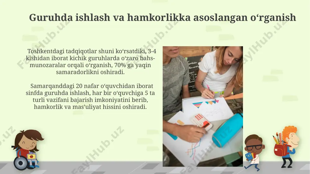 'quvchilarning o'zlashtirish darajasini 15% ga oshirgan. sinfda ijobiy psixologik muhit yaratish sinfda o'quvchilarning 5-10% ga teng bo'lgan ehtiyojlari aniqlanib, individual yondashuvlar, masalan, samarqanddagi maxsus o'quv dasturlari asosida qo'llanilsa, ijobiy psixologik muhit yanada mustahkamlanadi. har bir darsda 15-20 minut davomida o'quvchilarga ijodiy faoliyat, masalan, rasm chizish yoki hikoya yozishga bag'ishlangan vaqt ajratish, toshkentdagi tajribalar shuni ko'rsatadiki, ijobiy his-tuyg'ularni rivojlantirishga yordam beradi. differensial ta’lim va uning ahamiyati differensial ta’lim yondashuvi 20 dan ortiq o‘quvchiga ega bo‘lgan toshkentdagi maktablarda o‘quvchilarning 50% gacha akademik ko‘rsatkichlarini yaxshilashga yordam beradi. individual o‘quv rejalari tuzish orqali 30% gacha o‘quvchilarning matematika va ingliz tili fanlaridan o‘zlashtirish darajasi 10 balldan 3 ballga oshdi. zamonaviy axborot kommunikatsiya texnologiyalaridan foydalanish virtual va kengaytirilgan haqiqat texnologiyalari (vr/ar), masalan, 3d modellardan foydalanib, andijonda joylashgan 15 ta maktabda geografiya darslarini yanada qiziqarli va tushunarli qildi. zamonaviy akt, masalan, interfaol o'quv dasturlari (20 dan ortiq) yordamida, toshkentdagi 5-maktabda o'quv jarayonini 30% ga samaradorligini oshirdi. interfaol …