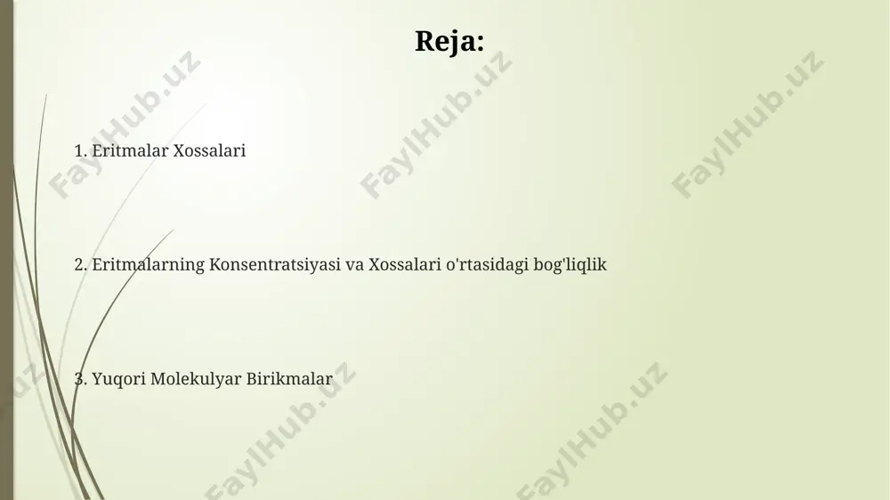 siga ega. polimer eritmalarining qovushqoqligi, ularning molekulyar massasi va konsentratsiyasiga bog'liq bo'lib, bu ko'rsatkichlarni aniqlash texnologik jarayonlarni boshqarishda muhim ahamiyatga ega. konsentratsiya va molekulyar massa yuqori molekulyar birikmalarning eritmalaridagi konsentratsiyasi 10-6 mol/l dan 10-2 mol/l gacha o'zgarishi mumkin, bu esa ularning xossalariga sezilarli ta'sir ko'rsatadi. 100000 da dan yuqori molekulyar massaga ega bo'lgan polimerlarning eritmalari past konsentratsiyalarda ham yuqori yopishqoqlik va gidrodinamik radiusga ega bo'ladi. molekulyar massaning oshishi bilan yuqori molekulyar birikmalarning eritmalarning yopishqoqligi va qovushqoqligi ortadi, bu esa 103 dan 106 da gacha bo'lgan diapazonda aniq kuzatiladi. yuqori molekulyar birikmalar: kirish ymblarning fizik-kimyoviy xossalari, shu jumladan eruvchanligi va yopishqoqligi, ularning molekulyar massasi va tuzilishiga bog'liq. yuqori molekulyar birikmalar (ymb)larning molekulyar massasi 10⁴ dan 10⁶ g/mol gacha bo'lib, oddiy organik birikmalarga qaraganda ancha yuqori. ymblarning makromolekulalari bir necha ming yoki millionlab monomer birliklaridan tashkil topgan polimer zanjiri shaklida bo'ladi. yuqori molekulyar birikmalar eritmalarining xossalari yuqori molekulyar birikmalar eritmalarining yopishqoqligi ularning …