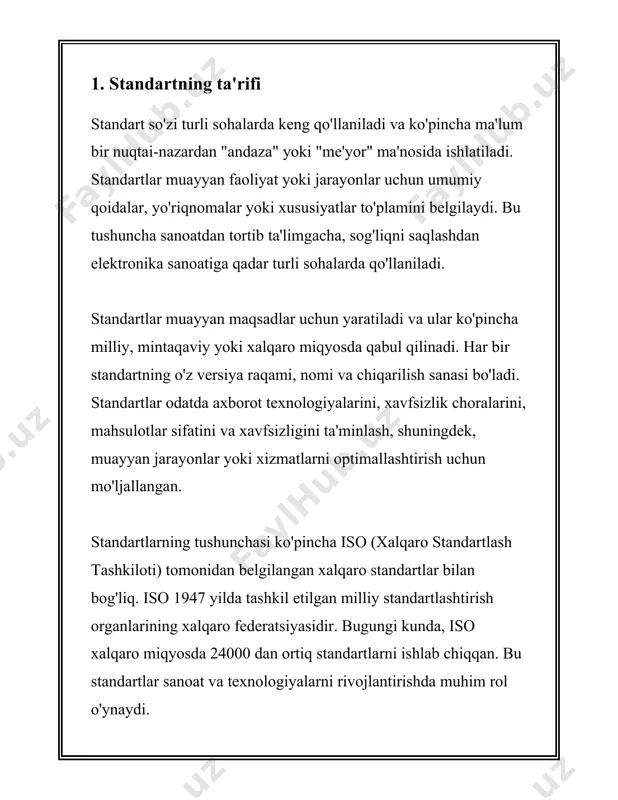 ini tekshirish uchun sertifikatlanuvchi auditorlik qilinishi mumkin. xulosa qilish kerak bo'lsa, standartlar dunyoda teenologik, sanoat va iqtisodiy taraqqiyotda juda muhim o'rin tutadi. ular texnologiyalarni rivojlantirish, savdo va ishlab chiqarish jarayonlarida ortga qarab qolmaslik, hamda sifat va xavfsizlikni ta’minlash uchun xizmat qiladi. 2. standartlashtirishning maqsadlari standartlashtirishning maqsadlari, ya'ni standartlashtirish jarayonining asosiy maqsadini tushunish va uni amalga oshirish sabablarini bilish, ko'plab sohalar uchun muhimdir. standartlashtirish samaradorlikni oshirish, xavfsizlikni ta'minlash va mintaqalar o'ta keng ko'lamda muloqot qilishida asqatadi. standartlashtirish o'zining ko'p qirrali maqsadlari orqali iqtisodiy, texnik, va ijtimoiy foydalarni ham tezlashtiradi. birinchi navbatda, standartlashtirishning asosiy maqsadi ishlab chiqarish va xizmat ko'rsatishda sifatni oshirishdir. standartlar mahsulot va xizmatlarning belgilangan standartlarga mos kelganini ta’minlaydi, bu esa sifatni oshirish imkonini beradi. masalan, iso 9001 standarti sifat menejment tizimlari uchun qo'llaniladi va u tashkilotlarga o'z mahsulot va xizmatlari sifatini doimiy ravishda yaxshilashga yordam beradi. ikkinchi maqsad - xavfsizlikni ta'minlash. standartlashtirish xavfsizlik jihatidan muhim omillarni qamrab oladi, bu …