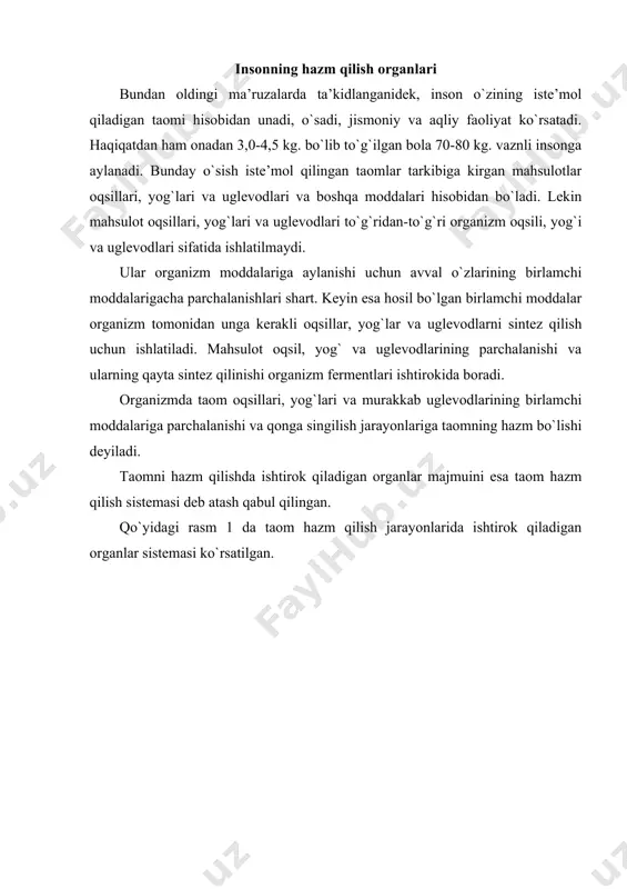 oshqozonosti bezi (10), ingichka ichak (11), yo`g`on ichak (12) va to`g`ri ichaklar (13) kiradi. og`iz bo`shlig`i taomlarni hazm qilishda ishtirok qiladigan organlardan eng birinchisi hisoblanadi va taom hazm bo`lish ilk bor shu yerda boshlanadi. bu yerda taom tish yordamida yaxshilab maydalanadi, uch juft so`lak bezlari tomonidan ajratilgan so`laklar bilan aralashtiriladi va yutish uchun shilliq mayda g`o`lachalarga bo`linadi. shilliq g`o`lachalarning hosil qilinishi qizil o`ngach orqali taomning oshqozonga o`tishini osonlashtiradi. taom og`iz bo`shlig`ida qancha ko`p maydalangan bo`lsa, uning so`laklar bilan aralashish, keyin esa uning oqibati natijasida hazm bo`lish darajasi shuncha yuqori bo`ladi. g`o`lachalarga bo`lingan taom qizil o`ngach orqali oshqozonga tushadi. oshqozon beshinchi hazm qiluvchi organ bo`lib, uning hajmi har xil bo`ladi. masalan, 10-13 yoshdagi bolalar oshqozonining hajmi 1,5 l. bo`lsa, katta yoshdagi kishilar oshqozonining hajmi esa 3 l. va o`ndan ko`proq bo`lishi mumkin. yoshidan tashqari oshqozonning hajmiga uning sohibining ovqatlanish tarzi ham katta ta’sir qiladi. masalan, ovqatlanish qancha ko`p va betartib bo`lsa, …