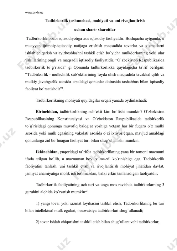 anadi; 2) tovar ishlab chiqarishni tashkil etish bilan shug`ullanuvchi tadbirkorlar; 3) tovarni sotish, qayta sotish va tijorat ishlarini tashkil etish bilan shug`ullanuvchi tadbirkorlar. uchinchidan, maqsad jihatidan tadbirkorlikning ikki turini: a) foyda olishni, iqtisodiy samaraga erishishni maqsad qilgan; b) ijtimoiy samaraga (masalan, tabiat muhofazasi, yosh avlod tarbiyasi, sog`liqni saqlash) erishishni maqsad qilgan turlarini ajratish mumkin. tadbirkorlarga xos xususiyatlar quyidagilardan iborat: shug`ullanayotgan soha bo`yicha ilm, bilimga egaligi. tavakkalchilikka asoslangan qarorlar qabul qilish bo`yicha tashabbuskorlik qobiliyati. iqtisodiy jarayonlarni chuqur fikrlay olish. qonunlarga itoatkorligi. innovatsion faolligi. maqsad sari intiluvchanlik. tashkilotchilik. tеjamkor bo`lishi. o`z so`zining ustidan chiqish. ruhiy poklik va halolligi. o`z jamoasi uchun kurashuvchanlik. tadbirkorlikni rivojlantirish uchun quyidagi shart-sharoitlar talab etiladi: 1. mulk munosabatlarining uyg`unlashuvi. bozor iqtisodiyoti sharoitida mulkiy munosabatlar uch jihat bilan bеlgilanadi: · egalik qilish, ya`ni mulk egasi sifatida mulkka to`la hukmronlik qilish: sotish, ijaraga bеrish, hadya etish; · foydalanib turish, ya`ni mulk egasining nazorati asosida ma`lum shart va to`lov evaziga mulkdan …