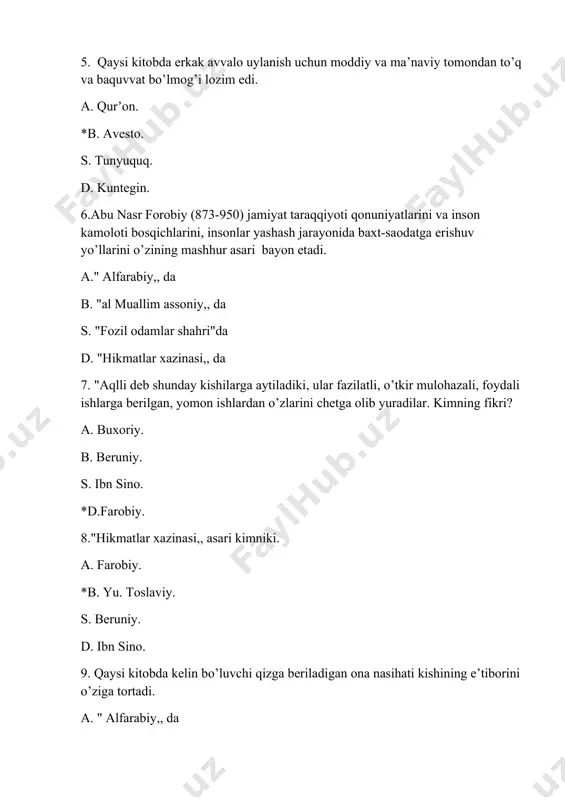 "al muallim assoniy,, da s. "fozil odamlar shahri,, da *d. "hikmatlar xazinasi ,, da 10.alisher navoiy (1441-1501)qaysi asarlarida oilaviy turmushi bilan bog’liq er va xotinning vazifalari, burchlari, o’zaro munosabat-muloqot madaniyati, ularning muvofiqligi va nomuvofiqligi, uning oqibatlari haqida qimmatli nasihat va ma’lumotlarni yozib qoldirgan. *a."mahbub ul qulub", ya’ni "qalblar sevgilisi" va "vaqfiya" asarlarida b. "layli va majnun". va "hibbat ul haqqoyiq" asarlarida s. "hibbat ul haqqoyiq" va "hayrat ul abror",yaʼni yaxshi kishilarning hayratlanishi" asarlarida d. "vaqfiya" va"hayrat ul abror",yaʼni yaxshi kishilarning hayratlanishi" asarlarida 2.oila va oilaviy munosabatlar borasidagi qarashlar 1. kimning yozishicha onadan tarqagan avlodlar xix asr oxiri va xx asr boshlarida ham ko’pgina xalqlarda saqlanib kelgan. a. g. harchevning. b. ch. kulinning. s. g. yadgarovaning. *d. s. golodning. 2. alohida, bir-biriga unchalik yaqin bo’lmagan yoki mutloq begona ikki kishi o’rtasidagi nikohni nazarda tutgan bo’lib, ular o’rtasidagi munosabatlar har doim ham mustahkam bo’lmagan va tomonlarning xohish-irodasiga ko’ra u istalgan vaqtda barbod …