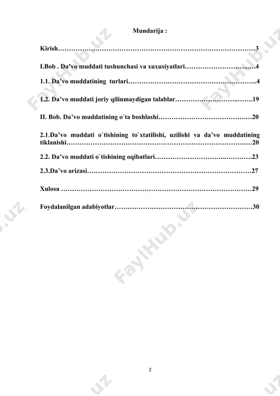 talablari; fuqaroning hayotiga yoki sogligʻiga yetkazilgan zararni toʻlash haqidagi talablar; jinoyat tufayli yetkazilgan zararni toʻlash haqidagi talablar; mulkdorning yoki boshqa egalik qiluvchining oʻz huquqini har qanday buzishlarni bartaraf etish haqidagi talablari; mamlakat mustaqilligi eʼlon qilinishidan oldin uning chegaralaridan tashqariga olib chiqib ketilgan tarixiy, madaniy va ilmiy-badiiy qiymatga ega boʻlgan mol-mulkni va boshqa qimmatbaho obʼyektlarni qaytarib berish haqidagi talablar; qonunda belgilangan hollardagi boshqa talablar. daʼvo muddati bilan bogʻliq qonun-qoidalar oʻzbekiston respublikasi fuqarolik kodeksining tegishli moddalarida koʻrsatilgan. fkning 10-moddasida ko’rsatilganidek, fuqarolik huquqlari protsessual qonunlar va shartnomada belgilab qo’yilganidek, ishlar qaysi sudga taalluqli bo’lishiga qarab, sud xo’jalik sudi yoki xolislar sudi tomonidan himoya qilinadi. binobarin, huquqlari buzilgan shaxs (fuqaro yoki tashkilot)lar yuqorida ko’rsatilgan sud, xo’jalik sudi yoki xolislar sudiga davo arizasi berib, buzilgan huquqlarini himoya qilinishi to’g’risida davo qo’zg’atishlari mumkin. da’vo muddati subektiv huquq va majburiyatlarini himoya etishi uchun shaxsga beriladigan so’nggi imkoniyat. bu vaqt oralig’ida shaxs o’z huquqlarining amalga oshirilishini talabqilmasa, ularni …