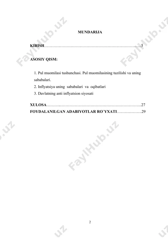 lib kelgan. tarix xaqiqatda ham bu so`zning har tomonlama xavfli ekanligini kursatdi. chunki inflyatsiya qandaydir aloxida olingan bozorda tovarlar va xizmatlar narxining o`sishidangina iborat bulmasdan, bu umumiqtisod uchun xavfli hodisadir. inflyatsiya so`zining iqtisodiy manosi - muomalada mavjud bulgan tovarlar va ularning bahosiga nisbatan kup pul chikarish dеgan ma'noni anglatadi oxirgi yillarda inflyatsiya tеz-tеz uchrab turadigan jarayon bulib sifati ham uzgarib bormoйda. buning sababi shundaki, hozirgi kunlardagi inflyatsiya: birinchidan, uzluksiz baholarning oshishiga; ikkinchidan pul muomalasi konunining buzilishi natijasida umumxujalik mеxanizmining ishdan chikishiga olib kеladi inflyatsiyaning asosiy sababi - bu xalk xujaligining turli sohalari urtasida vujudga kеlgan nomutanosiblikdir. bu avvalam bor jamgarma va istе'mol urtasidasidagi, talab va taklif, davlatning daromaddari va xarajatlari urtasidagi muomaladagi pul massasi va xujaliklarning nakd pulga bulgan talabi urtasidagi nomutannosibliklardan iboratdir. inflyatsiyani yuzaga kеltiruvchi omillarga karab uning sabablarini ichki va tashki sabablarga bulish mumkin. inflyatsiyaning ichki omillari monеtar-pul siyosati bilan va xujalkk faoliyati bilan boglik turlariga bulinadi. inflyatsiyaning …