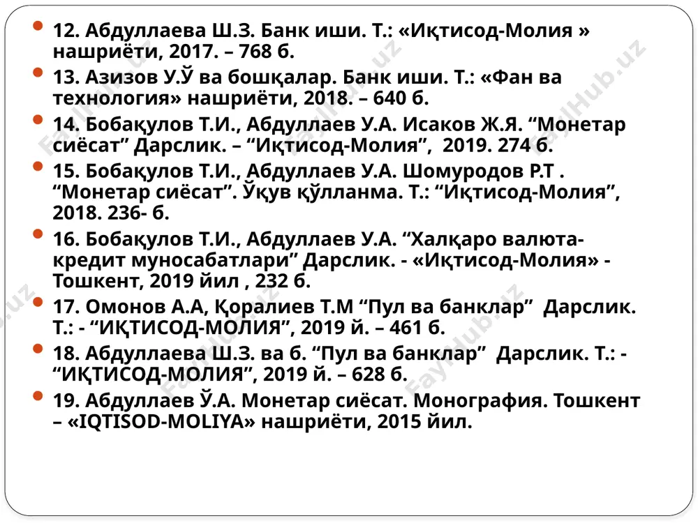 амлакатида – саудия арабистони, сингапур ва лихтенштейнда марказий банк мавжуд эмас. марказий банкларни юзага келиш сабаблари м. ротбард: марказий банкларнинг пайдо бўлиши банк инқирозларининг олдини олиш, пул эмиссиясини марказлаштиришнинг зарурлиги билан белгиланади. маълумки, дастлабки банклар, янада аниқроқ қилиб айтадиган бўлсак, тижорат банклари мустақил равишда қоғоз пулларни эмиссия қилган. а.навой: марказий банкларнинг юзага келиши давлат учун жорий молиявий муаммоларни ҳал қилиш имконини берадиган қулай инструментни яратишнинг зарурлиги билан белгиланади. давлат олтин тўғрисидаги маълумотларни махфийлаштириш йўли билан муомалага таъминланмаган банкоталарни чиқариш имконини берди. марказий банкларни юзага келиш сабаблари в. смит: марказий банкларнинг пайдо бўлишининг асосий сабаби – миллий даромадни пул муомаласи механизмлари орқали давлат фойдасига қайта тақсимлашга бўлган эҳтиёж ҳисобланади. монархларнинг қарз маблағларига бўлган эҳтиёжларини узлуксиз таъминлаш имконини берадиган алоҳида молия институтини ташкил этиш зарурияти туғилди. в.хуанг: марказий банкларнинг пайдо бўлиши банклардаги депозитларни суғурталашнинг зарурлиги билан изоҳланади. с. моисеев: марказий банкларнинг пайдо бўлиши айрим давлатларда хусусий банкларнинг умуман мавжуд эмаслиги, бюджетга солиқ …
