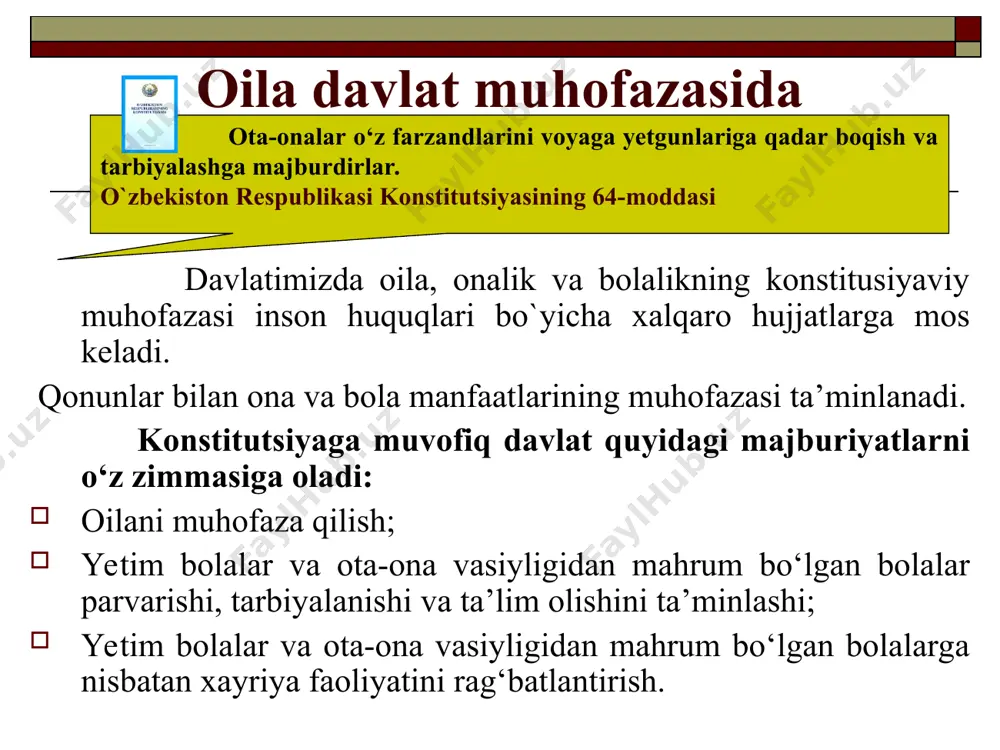 olib turishi kerakmi? balki, bu narsa har kimning shaxsiy ishidir? 2.ota-onalar ajrashayotganida, sizning nazaringizda, voyaga yetmagan farzand kim bilan: onasi yoki otasi bilan qolishi kerak? 3.oilada ota-onalar va farzandlar o‘rtasidagi o‘zaro munosabatlarda qanday tipik muammolar vujudga keladi? nega bu ro‘y beradi? faqat to‘laqonli oila bag‘rida va uning madadi bilan inson ijtimoiy munosabatlarning murakkab olamiga kirib borishi, har tomonlama kamol topgan va balog‘at yoshidagi hayotga shay turgan shaxsga aylanishi mumkin.