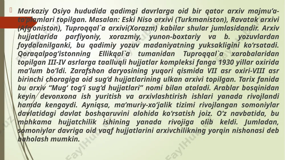tlaqo mahfiylik kabi tamg‘lar ostida aksariyat hollarda turli fondlar hujjatlaridan ochiq, emin-erkin foydalanish mumkin emas edi. mustaqillik sharoitida, ya’ni 1999- yilda o‘zbekiston oliy majlisi tomonidan “arxivlar to‘g‘risida”gi qonunning qabul qilinganligi munosabati bilan respublika arxiv ishida jiddiy o‘zgarishlar sodir bo‘ldi. 2004 yilda respublika vazirlar mahkamasining 49-sonli “o’zbekiston respublikasida arxiv ishini boshqarishni yanada takomillashtirish to’g’risida”gi qarori qabul qilindi. qarorga muvofiq o’zbekiston respublikasi arxiv agentligi “o’zarxiv” tashkil qilindi. uning tarkibiga o’zbekiston respublikasi markaziy davlat arxivi, o’zbekiston respublikasi ilmiy-texnik va tibbiyot hujjatlari markaziy davlat arxivi, o’zbekiston respublikasi kino-foto hujjatlar markaziy davlat arxivi kiritildi. ushbu tuzilmaning qoraqalpoq respublikasi, viloyatlar, toshkent shahri hududiy boshqarmalari hamda qoraqalpoq respublikasi, viloyatlar va toshkent shahri davlat arxivlari hamda ularning filiallari tashkil etildi. mazkur 2004 yil 3 fevraldagi 49-sonli qarorga ilova sifatida “o’zarxiv” to’g’risida nizom qabul qilindi. nizom 4 bo’limdan iborat. i bo’lim “umumiy qoidalar”, ii bo’lim “o’zarxiv” agentligining asosiy vazifalari va funktsiyalari, iii bo’lim “o’zarxiv” agentligining huquqlari va javobgarliklari, iv …