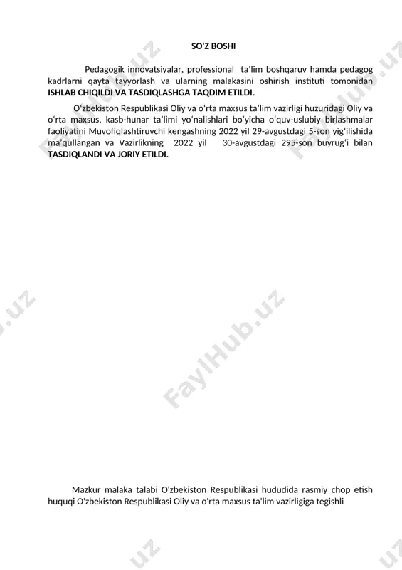 ladigan talablarni va pirovard maqsadlarini, shuningdek ta'lim oluvchilarning o'quv yuklamalari hajmi va standart talablarini bajarilishi nazoratini belgilaydi. malaka talabi ta'lim oluvchilarning kasbiy tayyorgarligi sifati va kasbiy kompetentsiyasini baholashda hamda ta'lim muassasalarini attestatsiyadan o'tkazishda asosiy mezon hisoblanadi. mazkur talablarning bajarilishi professional ta'lim muassasalarining bitiruvchilariga professional ta'limning tegishli darajasini olganligi to'g'risida davlat namunasidagi hujjat berilishi uchun asos hisoblanadi. malaka talabi ta'limni boshqarish davlat organlari va ta'lim faoliyati sub'yektlari tomonidan, idoraviy bo'ysunuvi va mulkchilik shakllaridan qat'iy nazar, tadbiq etilishi majburiydir. ushbu malaka talabi sug'oriladigan yerlarning melioratsiya tizimlari (а01.089.0612/б-20) kasbining tasdiqlangan professional standart talablari asosida ishlab chiqildi. 2. kasbiy ta'lim xususiyati 2.1. 40811203-sug'oriladigan yerlarning melioratsiya tizimlari kasbi doirasida beriladigan kvalifikatsiyalar: 1. sug'oriladigan yerlarning melioratsiya tizimlari texnigi 2. “b” yoki “bc” toifali avtomobil haydovchi kamida umumiy o'rta ma'lumotga ega bo'lgan shaxslar hisobidan shakllantirilgan guruhlarda tanlangan kvalifikatsiyalar sonidan kelib chiqib o'qish muddati belgilanadi. bu guruhlarda kasb doirasida beriladigan kvalifikatsiyalardan birortasini muvaffaqqiyatli o'zlashtirgan shaxslarga belgilangan namunadagi diplom …