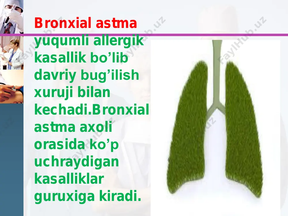 ry.com patomorfologiyasi: • bronxlarda yallig`lanish belgilari, shilliq qavatining shishi, shilliq tiqin, silliq mushaklar giperplaziyasi, bazal membrana qalinlashishi va dezorganizasiyasi aniqlanadi. • bronxial astmada endobronxial biopsiyada bronx epiteliysining ko’chishi, shilliq qavat eozinofil infiltrasiyasi ko`riladi. • bronxlar yuvindi suvida ko`p miqdorda epitelial, semiz xujayralar, eozinofillar va limfositlar topiladi. www.themegallery.com klinikasi: www.themegallery.com • shikoyatlar va anamnez • ekspirator xansirash va/yoki yo`tal xurujlari • masofadan xushtaksimon xirillashlar eshitilishi • ko`krak qafasida og`irlik xissi • ob’ektiv • ekspirator xansirash • burun kataklarini nafas olganda kengayishi • quzg`alish • nafas aktida qo`shimcha mushaklar ishtiroki • majburiy xolat • perkussiyada: emfizema shakllanganda qutisimon perkutor tovush • auskultasiyada: qurug` xushtaksimon va g`o`ngillovchi xirillashlar xamda nafas chiqarish fazasining • uzayishi bronxial astmaning tasnifi asosiy patogenetik variantlari g.b.fedoseev tomonidan to’ldirilgan tasnif bo’yicha: www.themegallery.com • infeksion-bog`liq • atopik • autoimmun • disgormonal • disovarial • asabiy-ruxiy • adrenergik disbalans • xolinergik • jismoniy zo`rig`ishdagi astma • aspirin astmasi (triada) bronxial astmaning …