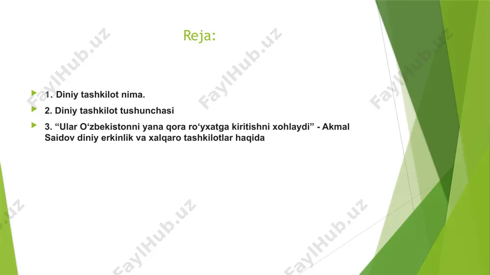 hmalari (diniy jamiyatlar, diniy oʻquv yurtlari, masjidlar, cherkovlar, sinagogalar, monastirlar va b.) diniy tashkilotlar deb eʼtirof etiladi. tegishli ustav (nizom) asosida faoliyat yurituvchi respublika diniy uyushmalari oʻzbekiston respublikasining adliya vazirligi tomonidan roʻyxatga olinadi. viloyat, tuman va shahar, shaharcha va qishloq hududida boʻlgan diniy tashkilotlar tegishli viloyatlar, shuningdek, toshkent sh. hokimligi adliya boshqarmalari tomonidan roʻyxatga olinadi. diniy tashkilot roʻyxatga olingandan sung u yuridik shaxsga aylanadi. diniy tashkilot yuridik shaxs sifatida qonunlarga va oʻz nizomiga muvofiq holda huquqlardan foydalanadi hamda majburiyatlarni oʻtaydi. diniy tashkilot rahbarining tashkilot ustavini roʻyxatdan oʻtkazishdan boʻyin tovlashi qonun hujjatlariga muvofiq javobgarlikka olib keladi. roʻyxatdan oʻtmagan diniy tashkilotlarning faoliyat koʻrsatishiga yoʻl qoʻygan mansabdor shaxslar qonun hujjatlariga muvofiq javobgar boʻladilar. diniy tashkilotlar faoliyati ikki holda: ular oʻz nizomlariga muvofiq tugatilganda va "vijdon erkinligi va diniy tashkilotlar toʻtrisida"gi qonun qoidalari yoki boshqa qonun hujjatlariga rioya qilinmaganda toʻxtatiladi. diniy tashkilot faoliyatini toʻxtatish haqidagi qaror oʻzbekiston respublikasi adliya vazirligi, qoraqalpogʻiston respublikasi adliya vazirligi, …