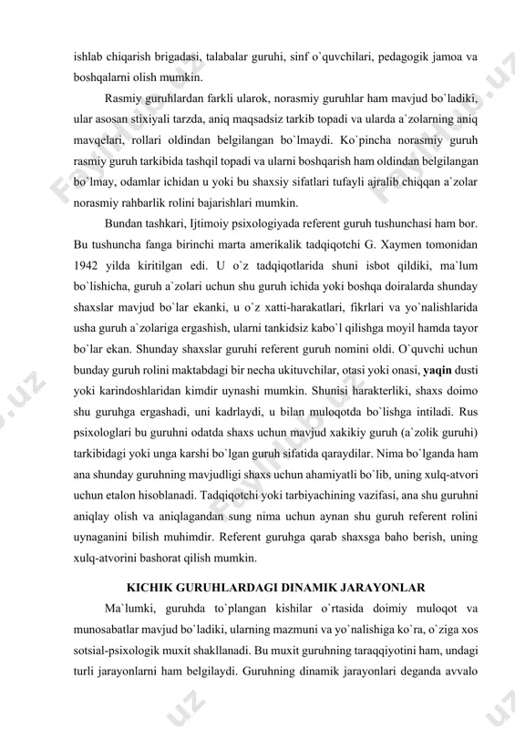 sa psixologiyada konformizm deb ataladi (o`zbek tilida "moslashish" ma`nosini bildiradi). bu xodisaning moxiyati shundan iboratki, u individning guruhda kabo`l qilinadigan normalar, fikrlar, xulq-atvor standartlarini qanchalik kabo`l qilish yoki kabo`l qilmasligi bilan bog`liq. guruh fikrini qanchalik tez kabo`l qilish uning ta`siriga berilish individ bilan guruhning ziddiyatlarini oldini olish mumkin. shuning uchun ham individ ana shunday xatti-harakat qilishga intiladi. lekin ana shunday guruh fikriga, harakatiga qo`shilish turli shakllarda bo`lishi mumkin: tashki konformillik - individ guruh fikriga nomigagina qo`shiladi, aslida ruxan u guruhga karshi turadi; ichki konformillilik - individ guruh fikriga tulaligicha qo`shiladi va ruxan kabo`l qiladi. ana shunday hollarda individ bilan boshqalar o`rtasida ziddiyat yoki konfliktlar paydo bo`lmaydi. bu o`rinda yana bir tushuncha ham bor, u ham bo`lsa "negativizm" tushunchasidir, bu individning har qanday sharoitda ham guruh fikriga karshi turishi va o`zicha mustaqil fikr, mavqeini namoyon qilishidir. bu tabiiy individ uchun noqo`lay lekin, mustaqil fikr, odil harakatlar doimo hurmat qilinadigan jamoalarda negotivizm …