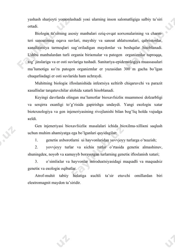 saf, 2003. 5. to’xtayev a. xamidov a. ekologiya asoslari va tabiatni muxofaza qilish. t. o’qit. 1997. 6. www.ziyonet.uz