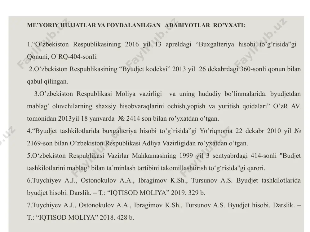 650 b. qo’shimchа аdаbiyotlаr: 11.“o’zbekiston respublikasini yanada rivojlantirish bo’yicha harakatlar strategiyasi to’g’risida”gi o’zbekiston respublikasi prezidentining 2017 yil 7 fevraldagi pf-4947-sonli farmoni. 12.mirziyoyev sh.m. buyuk kelajagimizni mard va olijanob xalqimiz bilan birga quramiz. – toshkent: “o’zbekiston” nmiu, 2017. – 488 b. 13.mirziyoyev sh.m.tanqidiy tahlil, qat’iy tartib-intizom va shaxsiy javobgarlik – har bir rahbar faoliyatining kundalik qoidasi bo’lishi kerak. – toshkent: “o’zbekiston” nmiu, 2017. – 104 b. 14.mirziyoyev sh.m. erkin va farovon, demokratik o’zbekiston davlatini birgalikda barpo etamiz. – toshkent: “o’zbekiston” nmiu, 2017. – 56 b. 15.mirziyoyev sh.m. qonun ustuvorligi va inson manfaatlarini ta’minlash – yurt taraqqiyoti va xalq farovonligining garovi. – toshkent: “o’zbekiston” nmiu, 2017. – 48 b. 16.toshmuxamedova d.a. byudjet g‘azna ijrosi. o`quv qo`llanma. – t.: “iqtisod-moliya”. 2019. – 430 b. 17.makarand a.paithankar. public budgeting theory and practice. create space independent publishing platform (4 jun. 2016) usa. internet saytlari: www.gov.uz (o‘zbekiston respublikasi hukumat rasmiy web sayti); www.lex.uz - (o‘zbekiston respublikasi …