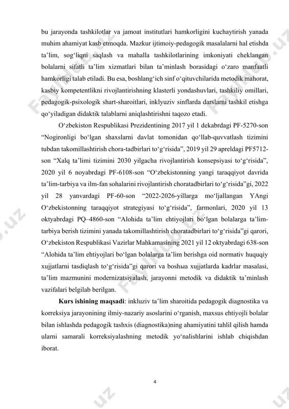 asini baholashning psixologik-pedagogik mezonlarini aniqlash. 4. diagnostika natijalariga tayangan holda samarali korreksion ishlarni tashkil etishning bosqichlarini ishlab chiqish. 5. maxsus ehtiyojli bolalar bilan ishlashda individual yondashuv, differensial metodlar hamda innovatsion texnologiyalarning ahamiyatini asoslab berish. 6. inkluziv ta’lim sharoitida pedagogik diagnostika va korreksiya jarayonining amaliy samaradorligini oshirish bo‘yicha tavsiyalar ishlab chiqish. i bob. inklyuziv ta’limning mohiyati va imkoniyati cheklangan bolalar uchun ijtimoiy ahamiyati.6 1.1 inklyuziv ta’limning maqsad va vazifalari mamlakatimizda amalga oshirilayotgan barcha islohotlar zamirida, eng avvalo, kelajak avlodning barkamol boʻlib ulgʻayishi, hech kimdan kam boʻlmay dunyo arenalarini zabt etishga qodir farzandlar boʻlib yetishishi kabi dolzarb masalalarni hal etish turadi. ayniqsa, yetim va ota-ona qaramogʻisiz qolgan, nogiron, rivojlanishida nuqsoni bor bolalarning ijtimoiy himoyasi hamisha davlat va jamiyatning ustuvor vazifasi hisoblangan. ushbu vazifani amalga oshirish borasida oʻzbekiston respublikasida rivojlanishida nuqsoni boʻlgan kishilarning huquq va erkinliklarini, teng imkoniyatlarini ta’minlash, turmush faoliyatidagi cheklanish, chegaralarni bartaraf etish, ta’limni tashkil etish va boshqarishga zamonaviy yondashuv, uning …