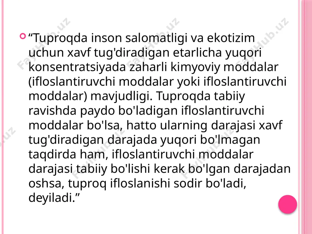 lashib, yana erga tushganda paydo bo'ladi. ifloslangan suv tuproq tarkibidagi ozuqa moddalarining bir qismini eritib yuborishi va tuproq tarkibini o'zgartirishi mumkin. kimyoviy ifloslangan tuproqlarning havfli - zaharli xususiyati, kimyoviy tarkibi va umumiy miqsori bo‘yicha turlarga ajratiladi. havfli-zaharli xususiyati bo‘yicha tuproqlar quyidagi kimyoviy ifloslanishlarga ajratiladi: 1.radioaktiv ifloslanish, 2. og‘ir megallar va kimyoviy moddalar bilan ifloslanish, 3. turli chiqindilar bilan ifloslanish. tahlillarga ko‘ra radioaktiv ifloslanish eng havfli o‘rinda turadi, chunki radioaktiv ifloslanishda dastlab biologik dunyo jiddiy zarar ko‘radi va juda katta radiusda ham ta’sir etish xususiyatiga ega, eng achinarlisi inson sog‘ligiga juda havfli ta’sir etib, uning kelajak avlodlariga genlar orqali ta’sir etishi bilan boshqa ifloslanish turlaridan farq qiladi. og‘ir megallar bilan ifloslanishning havfli tomoni shundaki, birinchidan, og‘ir megallar bilan ifloslanishni vujudga keltiruvchi omillar va manbalar ko‘p (transportlar va sanoat - korxonalari) bo‘lib, ikkinchidan, tuproq qoplamida saqlanish (yemirilish) muddati bir necha ming yillarga teng. tuproqlarni turli chiqindilar bilan ifloslanishi yuqoridagi ifloslanishlar katori juda …