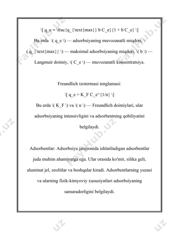 ning ko‘poyma (porous) strukturasi yuqori darajada yuzani yaratadi. - **xususiyatlari**: yuqori sirt maydoni, yuqori adsorbsiyon qobiliyati, kimyoviy barqarorlik. - **qo‘llanilishi**: suvni tozalash, havoni tozalash (masalan, gaz maskalari va filtrlarda), oziq-ovqat va dorilar sanoatida, oltin qazib olishda. 2. **zeoilitlar**: - **tarkibi va tuzilishi**: zeolitlar - alyuminosilikat minerallar bo‘lib, mikropora tuzilishga ega. ular odatda tabiiy va sintetik turlarga bo‘linadi. - **xususiyatlari**: ion almashtirgich xususiyati, selektiv adsorbsiyon, to‘yinganlikda barqarorlik. - **qo‘llanilishi**: neft-kimyo sanoatida katalizatorlar sifatida, gaz ajratishda, suvni yumshatishda. 3. **silika gellar**: - **tarkibi va tuzilishi**: silika gel - amorf silika (sio2) bo‘lib, yuqori ko‘poyma hajmiga ega. - **xususiyatlari**: yuqori namlik adsorbsiyon qobiliyati, termal barqarorlik, qayta ishlanish xususiyati. - **qo‘llanilishi**: oziq-ovqat va farmatsevtika mahsulotlarining namlikdan saqlanishida, gaz va suyuqliklarni quritishda. 4. **alumina**: - **tarkibi va tuzilishi**: alumina asosan aluminiy oksiddan tashkil topgan. - **xususiyatlari**: tez suyuqlik adsorbsiyon qobiliyati, termoyadroli barqarorlik, kimyoviy chidamlilik. - **qo‘llanilishi**: suvni adsorbsiyon orqali tozalash, qattiq-suyuqlik ajratishda katalizatorlar sifatida. 5. …
