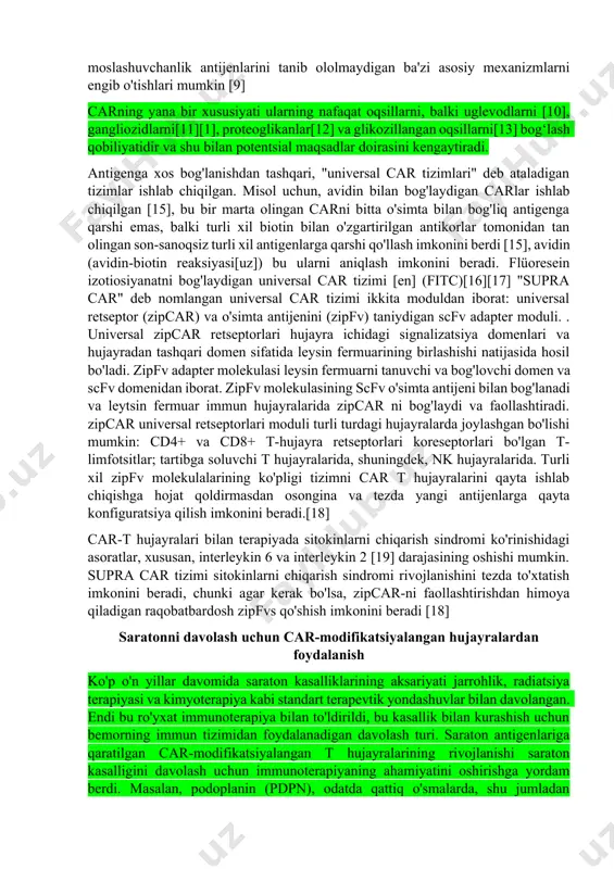 turiga bog'liq bo'lib, ular ajratadigan sitokinlarning turlari bilan ajralib turadi.[3] tartibga soluvchi t xujayralari t hujayralarining yana bir alohida populyatsiyasi bo'lib, ular tolerantlikning muhim mexanizmini ta'minlaydi, bunda immun hujayralar bosqinchi hujayralarni "o'zidan" ajrata oladi. bu immunitet hujayralarining o'z hujayralariga noto'g'ri munosabatda bo'lishining oldini oladi, bu "autoimmun" javob deb nomlanadi. shu sababli, bu tartibga soluvchi t hujayralari "bostiruvchi" t hujayralari deb ham ataladi. xuddi shu tartibga soluvchi t hujayralari o'simta hujayralarini tanib olish va ularga qarshi immunitet reaktsiyasini oldini olish uchun saraton hujayralari tomonidan ham tanlanishi mumkin. asosiy maqola: t-hujayra retseptorlari t-hujayra kamolotining muhim bosqichi funktsional t hujayra retseptorini (tcr) yaratishdir. har bir etuk t xujayrasi oxir-oqibat tasodifiy naqshga javob beradigan noyob tcrni o'z ichiga oladi, bu immunitet tizimiga turli xil patogenlarni tanib olish imkonini beradi. bu jarayon immunitet tizimi ilgari duch kelmagan tahdidlarga qarshi immunitetni rivojlantirishda muhim ahamiyatga ega, chunki tasodifiy o'zgarishlar tufayli har doim har qanday yangi patogenga mos …