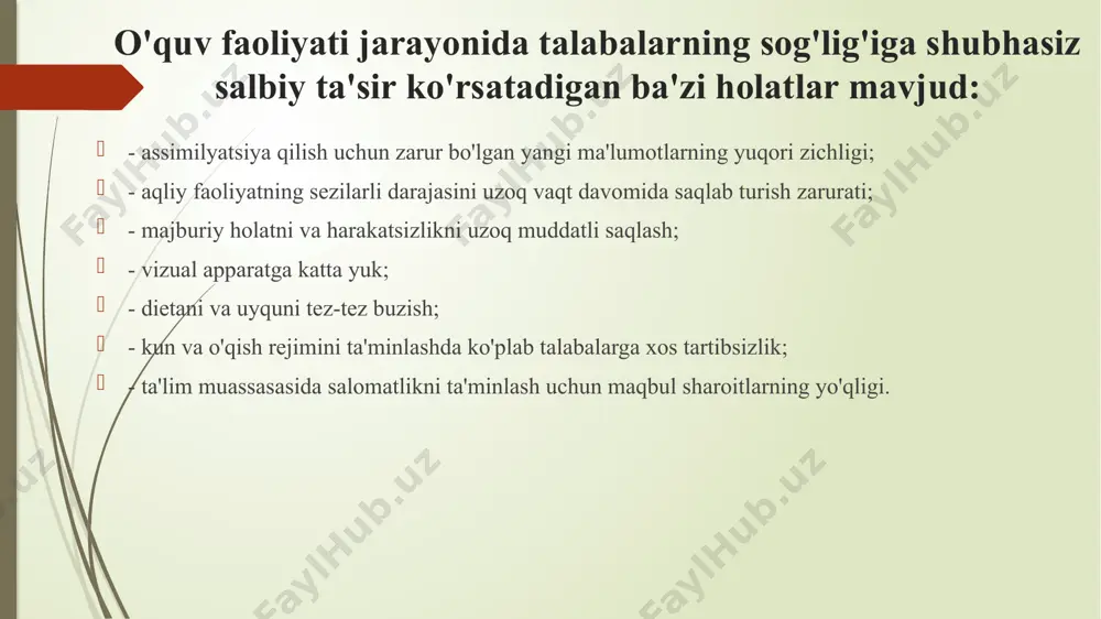 ilan ham belgilanadi. bir tomondan, aqliy faoliyatni kamaytiradigan bir qator omillar mavjud: monotonlik, ortiqcha yoki aksincha, talaba uchun kam baholangan talablar, sinfdagi yuqori harorat va boshqalar. boshqa tomondan, darsning muhim qismida o'quvchilarning diqqatini, idrokini va aqliy faolligini yuqori darajada ushlab turishni ta'minlaydigan bir qator uslubiy va tashkiliy usullar mavjud. bunday usullarning asosi faoliyatning bir turidan ikkinchisiga o'tish yoki o'quvchilarning diqqatini jalb qilishdir. bularga quyidagilar kiradi: o`qituvchi monologidan o`quvchilar bilan muloqotga o`tish, individual topshiriqlardan foydalanish, o`qitishning texnik vositalaridan foydalanish va boshqalar. ayniqsa samarali vosita pauzalari yoki jismoniy mashqlar. ikkinchisi nafaqat mehnat qobiliyatini saqlab qolish va tiklash, balki o'quv jarayonining o'quvchilarning sog'lig'iga ta'sirining salbiy tomonlarini yo'q qilish uchun ham ishlab chiqilishi kerak talabaning sog'lom turmush tarzi talabaning sog'lom turmush tarzi uning qadriyat yo'nalishlari, dunyoqarashi, ijtimoiy va axloqiy tajribasiga bog'liq. jamoat ongi tomonidan ishlab chiqilgan qadriyatlar har doim ham o'quvchining sog'lom turmush tarzi qadriyatlariga mos kelmaydi. talaba shaxsi hayotiy faoliyat shakllarini, o'zi uchun …
