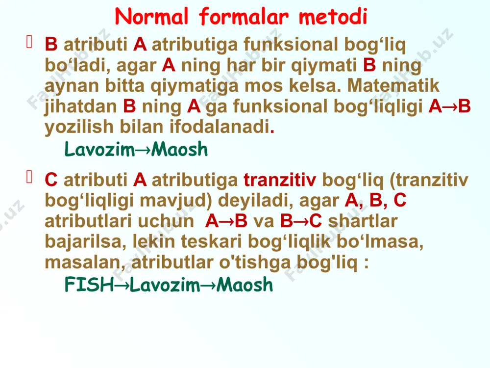 o’qituvchi 800 7 100 25 ot 256 amaliy doliyev n.n. o’qituvchi 500 10 150 25 c++ 123 ma’ruza doliyev n.n. o’qituvchi 500 10 150 25 ot 256 ma’ruza salimov s.f. o’qituvchi 500 5 100 24 shk 244 ma’ruza 5 ma'lumotlarning ortiqcha takrorlanishi o‘qituvchi dastlabki munosabati ortiqcha takrorlanuvchi ma'lumotlarni o'z ichiga olgan. o'qituvchi munosabatidagi oshkor ortiqchalik bir necha guruhlarda dars olib boradigan o'qituvchilar to'g'risidagi ma'lumotlar satrlari soniga mos miqdorda takrorlanishidan iborat. o'qituvchi munosabatidagi oshkormas ortiqchalik barcha o'qituvchilar uchun bir xil maoshlarda va bir xil ish staji uchun bir xil ish haqiga ustamalarda namoyon bo'ladi. shuning uchun, agar lavozim uchun ish haqi 500 dan 510 ga o'zgartirilsa, bu qiymat masalan, aliyevdan tashqari barcha o'qituvchilar uchun o'zgartirilsa, bazada zidiyyat vujudga keladi. bu misol oshkormas ortiqchalik varianti uchun tahrirlash anomaliyasi bo‘ladi. birinchi normal forma munosabatlardagi ortiqchalikni va natijada anomaliyalarni bartaraf etish vositasi munosabatlarni normallashtirish hisoblanadi. birinchi normal forma. munosabat 1nfda joylashgan bo'ladi, agar uning …
