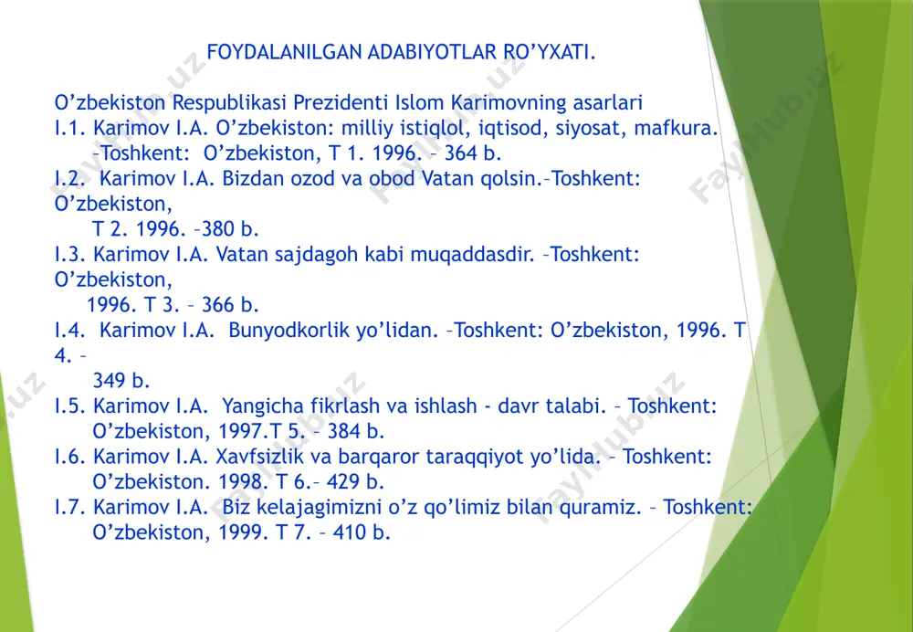 atlarini siyosiy xokimiyat oldida, davlat apparati qarshisida muxofaza etuvchi o’ziga xos fenomen, tegishli mexanizm (majmua) sifatida maydonga chiqadi fuqarolik jamiyati barpo etishning yetti asosiy yo’nalishlari : birinchi ustuvor yo’nilish- eng muhum maqsad tengsiz oliy nemat-mustaqillikni bundan buyon ham asrvb-avaylash, himoya qilish va mustahqamlash bo’lib qolaveradi. mustaqillik biz uchun, avvalo, o’z taqdirimizga o’zimiz ugalik qilish huquqi, kelajagimizni o’z qulimiz bilan barpo etish, yurtimiz boyliklaridan faqat xalqimiz va vatanimiz manfaatlari yulida foydalanish demakdir. ikkinchi ustuvor yo’nalish- mamlaqatimizda xavfsizlik va barqarorlikni, davlatimizning yaxlitligini, sarxadlarimiz dahilsizligini, xalqning tinchligi va osoyishtaligini ta’minlash. uchunchi ustuvor yo’nalish bozor islohotlarini yanada chuqurlashtirish, kuchli bozor infra tuzilmasini yaratish, barqaror va o’zaro mutanosib, mustahqam iqtisodiyotningmuhim sharti bo’lgan erkin iqtisodiyot prinsiplarini joriy etishdan iborat. to’rtinchi ustuvor yunalish inson huquqlari va erkinliklarini, so’z va matbuot erkinligini, shuningdek oshkoralikni, jamiyatimizda amalga oshirilayotgan islohotlarning ochiqligini ta’minlaydigan demokratik prinsiplarni amaliy hayotga joriy qilishdan iborat. beshinchi ustuvor yunalish- fuqarolik jamiyatini shakllantirishning muhum sharti sifatida jamiyat hayotida …