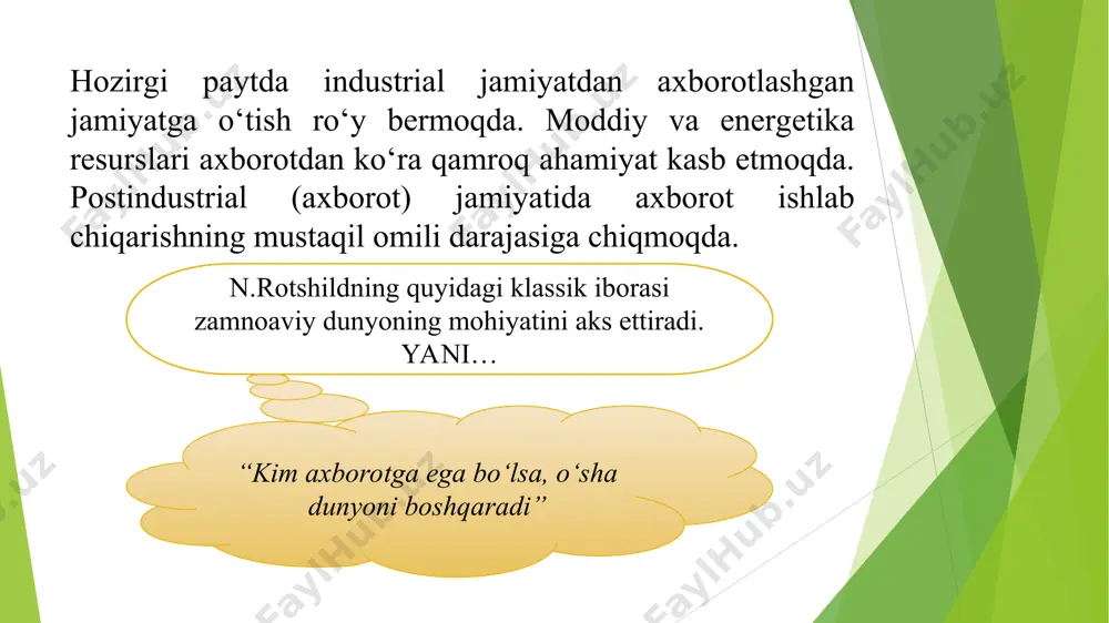 yat rivojlanishining asosiy omillari 1.2. raqamli iqtisodiyotning xususiyatlari uzoq yillar davomida raqamli iqtisodiyotni o‘rganish va ushbu sohadagi ekspertlar vakolatlari faqat raqamli iqtisodiyot bilan bog‘lash kabi, texnologiyalarga chuqur nazar solmasdan raqamli iqtisodiyotning mohiyatini tushunishning imkoni yo‘q deb ta’kidlashga imkon beradi. bugungi kunda raqamli iqtisodiyot, elektron biznesni va elektron tijoratni boshqarish ilmiy bilimlarning fanlararo sohasiga kiradi. aynan ular zamonaviy yoshlarni va raqamli iqtisodiyot evolyusiyasini kuzatibgina qolmay, unda o‘zi ham ishtirok etayotganlarni qiziqtiradi. 1. birinchi navbatda, internet vujudga kelgunga qadar ulardan foydalanish imkoni bo‘lmagan yangi xizmat turlari paydo bo‘lishi. 1990 yildan boshlab hozirgi vaqtgacha onlayn-texnologiyalar va internet tarmog‘i imkoniyatlaridan foydalanishga asoslangan tovarlar va xizmatlar yangi bozorlari shakllandi, masalan, messenjerlar, agregatorlar, internet- qidiruv, internet-reklama, internet-savdo, elektron kouching, elektron o‘qitish va b. raqamli iqtisodiyot – bu mehnat unumdorligi va iqtisodiy o‘sishni tezlatish, turmush sifati va investitsion muhitni yaxshilash maqsadida raqamli texnologiyalar, institutlar, nomativ-huquqiy baza, ko‘nikmalar va biznes yordamida onlayn rejimida ma’lumotlar almashinish vositasida iqtisodiy rivojlanish …