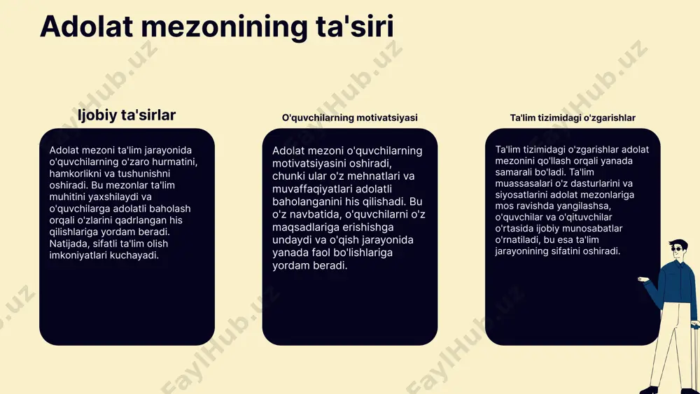 surslar yetishmasligi va shaxsiy yondashuvlar. ushbu qiyinchiliklarni bartaraf etish uchun bir necha takliflar mavjud: 1) o‘quvchilar va o‘qituvchilar o‘rtasida ochiq muloqotni yo‘lga qo‘yish; 2) adolat mezonini yanada aniqroq belgilash va tushuntirish; 3) ta’lim jarayonida individual yondashuvlarni rivojlantirish. adolat mezonini takomillashtirish strategiyalari zarur strategiyalar adolat mezonini takomillashtirish, pedagogik nizolarni bartaraf etishda muhim rol o'ynaydi. o'qituvchilar va o'quvchilar o'rtasida ochiq va samimiy muloqot o'rnatish, nizolarni hal etishda adolatli yondashuvlarni qo'llab-quvvatlash zarur. bu jarayonda adolat mezonining aniq belgilanishi va o'zaro hurmatga asoslangan munosabatlar o'rnatilishi muhimdir. hamkorlikning ahamiyati hamkorlik, o'qituvchilar va o'quvchilar o'rtasida nizolarni hal etishda muhim ahamiyatga ega. o'qituvchilar o'z o'quvchilarining fikrlarini eshitish va ularga yordam berish orqali, ular bilan ishonchli munosabatlar o'rnatishlari mumkin. bu, o'z navbatida, pedagogik muammolarni hal etish jarayonini osonlashtiradi va o'quvchilarning o'zlarini qadrlash hissini oshiradi. misollar va tajribalar misol sifatida, bir maktabda o'qituvchilar va o'quchilar o'rtasida nizolarni hal etish uchun adolat mezonlarini qo'llagan tajriba keltirilishi mumkin. ushbu maktabda, nizolarni …