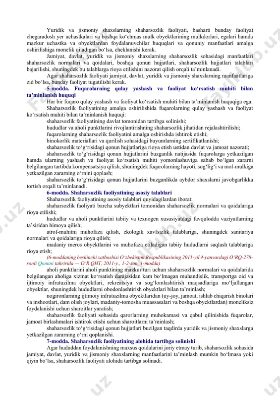 hududlar hamda aholi punktlarining milliy, tarixiy-madaniy, ekologik, tabiiy xususiyatlari inobatga olingan holda loyihalashtirilishi, qurilishi va rekonstruksiyasi sohasidagi faoliyati; shaharsozlik hujjatlari — hududlarni, aholi punktlarini rivojlantirishni shaharsozlik jihatidan rejalashtirish to‘g‘risidagi hamda ularni qurish haqidagi, belgilangan tartibda tasdiqlangan hujjatlar; o‘zbekiston respublikasi hududida aholini joylashtirish bosh tarhi (sxemasi) — aholini joylashtirish tizimlarini rivojlantirish, tabiatdan foydalanish, hududlarni, umumdavlat ahamiyatiga molik muhandislik, transportga oid va ijtimoiy infratuzilmalarni ijtimoiy-iqtisodiy rivojlantirishning asosiy maqsadlari va yo‘llarini belgilaydigan shaharsozlik hujjatlari; qizil chiziq — dahalar, mavzelar va rejalashtirish tuzilmasi boshqa qismlarining hududlarini aholi punktlarining ko‘chalari, tor ko‘chalari va maydonlaridan ajratib turuvchi, shaharsozlik hujjatlarida belgilab qo‘yiladigan chegaralar; qurishni tartibga solish chiziqlari — binolar va inshootlarni joylashtirishda shaharsozlik hujjatlarida qizil chiziqlardan yoki yer uchastkasi chegaralaridan ma’lum oraliq joy tashlagan holda belgilab qo‘yiladigan qurish chegaralari; hududni rejalashtirish tarhi — hududning zonalashtirilishini, aholini joylashtirish tizimlari takomillashtirilishining, tegishli hududning aholi punktlarini, sanoati, qishloq xo‘jaligini, mintaqalararo, mintaqaviy hamda aholi punktlariaro ahamiyatga molik muhandislik, transportga oid va …