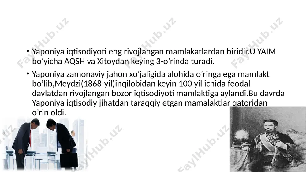 % dunyo davlat qarzining holati bir kishi uchun umumiy davlat yim 2017 -yil uchun yaponiya dunyoning barcha mamlakatlari orasida davlat qarzi bo'yicha yetakchi ekanligini hamma yaxshi biladi. yaponiyada davlat qarzining yaimga nisbati 250% ni tashkil qiladi. qarzning mutlaq hajmi 12,5 trln. dollar. mana uning so'nggi o'n yillikdagi dinamikasi. yaponiya sanoati eng zamonaviy texnologiyalarga asoslangan tarmoqlar – elektronika, elektrotexnika, dastgohsozlik, kemasozlik, avtomobilsozlik, asbobsozlik, kimyo va neft-kimyo sanoatiga ixtisoslashgan. yaponiyaning eng mashhur transmilliy kompaniyalar toifasiga «toyota», «honda», «sony», «mitsubishi» va boshqalar kiradi. yaponiyada transportning barcha turlari yuqori darajada rivojlangan. ayniqsa, mamlakatning yirik shaharlarini bog‘lovchi «sinkansen» tezyurar poyezdlari alohida e’tiborga sazovor yaponiyada ayrim orollar orasida suvosti tunnellar ham o‘tkazilgan. ulardan eng uzuni xonsyu va xokkaydo orollarini bog‘laydigan seykan tunnelidir (54 km). yaponiyada turizm ham yaxshi rivojlangan. har yili yaponiyaga 30 mln.atrofida xorijiy sayyohlar tashrif buyuradi. yaponiyaning eng muhim turistikresursi uning boy va betakror tarixiy-madaniy merosi hisoblanadi yaponiyaning diqqatga sazovor joylari: e’tiboringiz uchun rahmat!!! …