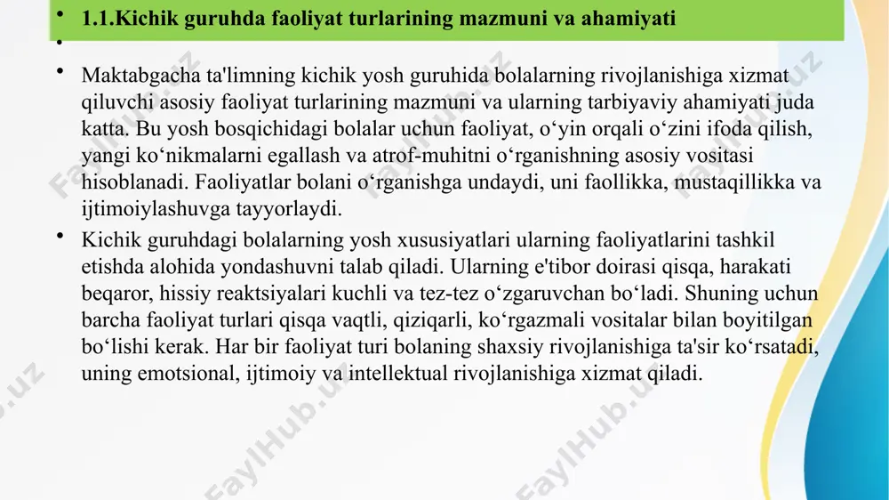alarni o‘zlashtiradi. o‘yinlar bolada tashabbuskorlik, mustaqillik, ijodkorlik, qat'iyatlilik, muloqotga kirishish kabi muhim shaxsiy fazilatlarni shakllantiradi. o‘yin faoliyati bolaning emotsional holatini muvozanatga keltiradi, uning kayfiyatini ko‘taradi, ijobiy muhit yaratadi. tarbiyachi o‘yin faoliyatini tashkil etishda bolalar uchun qulay, erkin va rag‘batlantiruvchi sharoit yaratishi muhim. rasm chizish faoliyati. rasm chizish bolaning ijodiy faoliyatlaridan biri bo‘lib, tasviriy san’at bilan tanishtirishning dastlabki bosqichidir. rasm chizish orqali bola atrofidagi dunyoni o‘zicha aks ettiradi, fikrlash, tasavvur qilish, ranglarni idrok etish va ularni moslashtirish ko‘nikmalarini o‘zlashtiradi. bu faoliyat bolaning estetik tarbiyasi, hissiy holati, harakat koordinatsiyasi va tasavvurini rivojlantiradi. kichik yoshdagi bolalar rasm orqali o‘zlarini ifodalaydi. rasm chizish ularga his-tuyg‘ularini, kayfiyatini, orzu-istaklarini namoyon etish imkonini beradi. har bir rasm bolaga xos bo‘lgan tasavvur mahsuli hisoblanadi. bola oddiy chiziqlar, shakllar orqali o‘z dunyosini ifodalashga harakat qiladi. chizilgan rasm orqali bola qanday fikrlaydi, nimaga e’tibor beradi, nimani yaxshi ko‘radi – bularni aniqlash mumkin. rasm chizish faoliyati bolaning mayda motorik harakatlarini rivojlantiradi. …