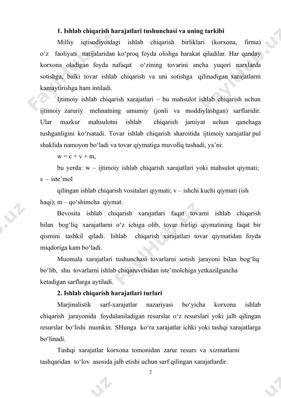 tashqi xarajatlar korxona tomonidan zarur resurs va xizmatlarni tashqaridan toʻlov asosida jalb etishi uchun sarf qilingan xarajatlardir. korxonaning oʻziga tegishli boʻlgan resurslardan foydalanishi bilan bogʻliq xarajatlar ichki xarajatlar deyiladi. ishlab chiqarish hajmining oʻzgarishiga (qisqarishi yoki ortishiga) ta’sir qilmaydigan xarajatlar doimiy xarajatlar deyiladi. oʻzgaruvchi xarajatlar (oʻx) deb ishlab chiqarish hajmining oʻzgarishiga ta’sir qiladigan xarajatlarga aytiladi. unga xomashyo, material, yonilgʻi, transport xizmati, ishchilar ish haqi va shu kabilarga qilinadigan sarflar kiradi. ishlab chiqarishning har bir darajasida doimiy va oʻzgaruvchi xarajatlar yigʻindisi umumiy xarajatlar (ux)ni tashkil qiladi. 3. qisqa va uzoq davrda ishlab chiqarish harajatlarining oʻzgarish tamoyillari ishlab chiqarish xarajatlarini hisobga olishda vaqt omili, ya’ni xarajat qilingandan pirovard natija olinguncha oʻtgan davr sezilarli ta’sir koʻrsatadi. shu sababli vaqt omilidan kelib chiqib, ishlab chiqarish xarajatlarini qisqa va uzoq muddatli davrda alohida tahlil qilinadi. qisqa muddatli davr – bu korxonaning faqat oʻzgaruvchi xarajatlari miqdorini oʻzgartirish uchun taqozo etiladigan davrdir. bunday xarajatlar qatoriga quyidagilarni kiritish mumkin: …