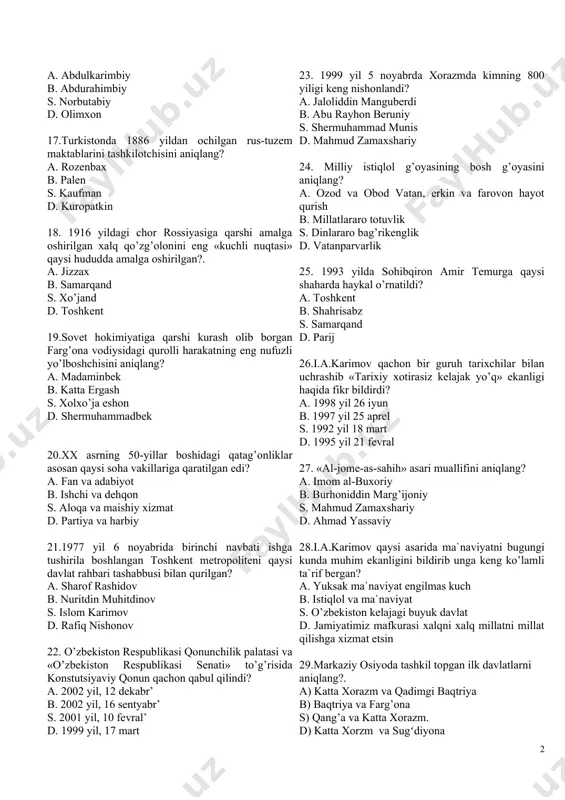 `sum) deb atalgan? a. amir shohmurod b. doniyolbiy s. amir haydar d. amir nasrullo 16. qo’qon davlati poytaxtini tepaqurg’ondan qo’qonga koʻchirgan hukmdorni aniqlang? a. abdulkarimbiy b. abdurahimbiy s. norbutabiy d. olimxon 17.turkistonda 1886 yildan ochilgan rus-tuzem maktablarini tashkilotchisini aniqlang? a. rozenbax b. palen s. kaufman d. kuropatkin 18. 1916 yildagi chor rossiyasiga qarshi amalga oshirilgan xalq qo’zg’olonini eng «kuchli nuqtasi» qaysi hududda amalga oshirilgan?. a. jizzax b. samarqand s. xo’jand d. toshkent 19.sovet hokimiyatiga qarshi kurash olib borgan farg’ona vodiysidagi qurolli harakatning eng nufuzli yo’lboshchisini aniqlang? a. madaminbek b. katta ergash s. xolxo’ja eshon d. shermuhammadbek 20.xx asrning 50-yillar boshidagi qatag’onliklar asosan qaysi soha vakillariga qaratilgan edi? a. fan va adabiyot b. ishchi va dehqon s. aloqa va maishiy xizmat d. partiya va harbiy 21.1977 yil 6 noyabrida birinchi navbati ishga tushirila boshlangan toshkent metropoliteni qaysi davlat rahbari tashabbusi bilan qurilgan? a. sharof rashidov b. nuritdin muhitdinov s. islom karimov …