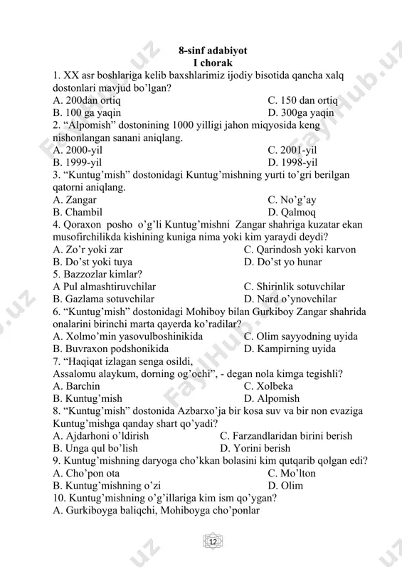 iy mumtoz adabiyotda shohlar haqidagi asarlar asosan qaysi vaznda yozilgan? a. ramali musaddasi solim c. rajazi musaddasi solim b. mutaqoribi musammani mahzuf d. hazaji musammani mahzuf 14. “qutadg’u bilig” dostonining hajmi qaysi qatorda to’g’ri berilgan? a. 4 ming 609 bayt c. 6 ming 204 bayt b. 5 ming 409 bayt d. 6 ming 409 bayt 15. lutfiyning “bu ko’nguldur, bu ko’ngul” g’azaliga kim o’xshatma yozadi? a. nodira c. a. navoiy b. uvaysiy d. z.m. bobur 16. “qutadg’u bilig” asarida o’zg’urmish nimaning ramzi? a. aql c. qanoat b. davlat d. adolat 17. yusuf xos hojibning “qutadg’u bilig” dostonida adolat ramzi kim edi? a. oyto’ldi c. kuntug’di b. o’zg’urmish d. o’g’dulmish 18. yusuf xos hojibning “qutadg’u bilig” dostonida baxt va davlat ramzi bo’lgan qahramonni aniqlang. a. kuntug’di c. dostonda bunday ramz mavjud emas b. oyto’ldi d. o’zgurmish 19. “qutadg’u bilig”da “beklikka loyiq bek qanday bo’lishini aytadi” qismi asarning nechanchi bobi bo’lib kelgan? …