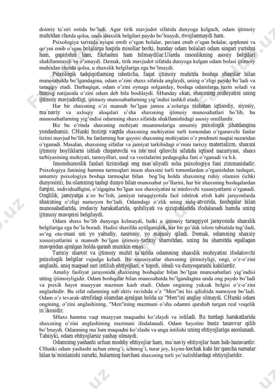 ol va h.k.) ham, shaxsning psixologik xususiyatlari (ehtiyojlari, qiziqishlari, malaka va odatlari, qobiliyatlari, iste`dodi va h.k) ham odamning faoliyati jarayonida namoyon bo’ladi. buning uchun umumiy psixologiya shaxsni uning turli faoliyati davomida o’rganadi. odamning turli yo’nalishdagi faoliyati esa boshqalar bilan qiladigan munosabatlari jarayonida amalga oshadi. odam o’z faoliyati jarayonida boshqa odamlar bilan gina emas, balki atrofdagi narsalar va o’z-o’zi bilan ham munosabatga kirishadi, buning natijasida u boshqa shaxslar va narsalarni o’z ongida aks ettiradi. shuning uchun psixologiyada shaxsning psixik jarayonlari va psixologik xususiyatlarini o’rganish bosh muammodir. umumiy psixologiyaning so’nggi yillardagi erishgan yutuqlariga asoslanib, shaxsga quyidagicha psixologik ta`rif berish mumkin: "ong egasi bo’lib, jamiyatga a`zo hisoblanuvchi, ijtimoiy munosabatlarga kirishuvchi va jamiyat taraqqiyotida faol ishtirok etuvchi odam shaxs deb aytiladi". odam individ sifatida dunyoga keladi va keyinchalik shaxsga aylanadi. har bir individ yoshlik chog’idayoq tayyor holdagi ijtimoiy munosabatlar tizimiga duch keladi va bu munosabatlar jarayonida shaxs sifatida shakllanadi. shuning uchun ham shaxs ijtimoiy …