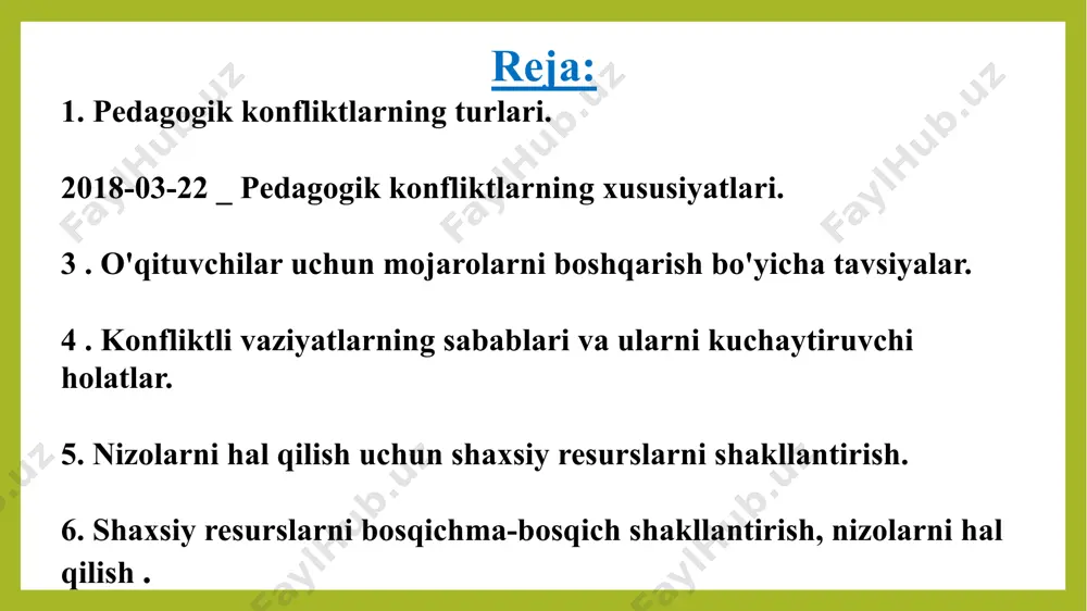 ar uchun ham tarbiyaviy ahamiyatga ega bo'ladi. o'qituvchining talaba bilan ziddiyatdagi kasbiy pozitsiyasi uni hal qilishda tashabbus ko'rsatishga va rivojlanayotgan va unga bog'liq bo'lgan shaxs sifatida talabaning manfaatlarini birinchi o'ringa qo'yishga majbur qiladi. konfliktni hal qilishda o'qituvchining har qanday xatosi yangi nizolarni keltirib chiqaradi pedagogik faoliyatdagi ziddiyatni bartaraf etishdan ko'ra oldini olish osonroq o'qituvchilar uchun mojarolarni boshqarish bo'yicha tavsiyalar his-tuyg'ularingizni boshqaring, ob'ektiv bo'ling talabaga uning pozitsiyasini tushunganingizni bog'lamang o'quvchini haqorat qilmang, iloji bo'lsa, har qanday qoidabuzarlik uchun talabalarni sinfdan olib tashlamaslikka harakat qiling ziddiyatli vaziyatlarni hal qilish uchun ma'muriy choralarni qo'llamang tajovuzga tajovuzkorlik bilan javob bermang "faqat hech narsa qilmagan odam xato qilmaydi" ekanligini unutmasdan, o'zingizga va o'quvchiga xato qilish huquqini bering. nizoni hal qilish natijalaridan qat'i nazar, talaba bilan munosabatlarni buzmaslikka harakat qiling talabalar bilan nizolardan qo'rqmang, ularni konstruktiv hal qilish uchun tashabbus ko'rsating talabalarda sizni tushunish, hamma narsada siz bilan rozi bo'lish qobiliyatini qadrlash uchun stendalning bir vaqtning …