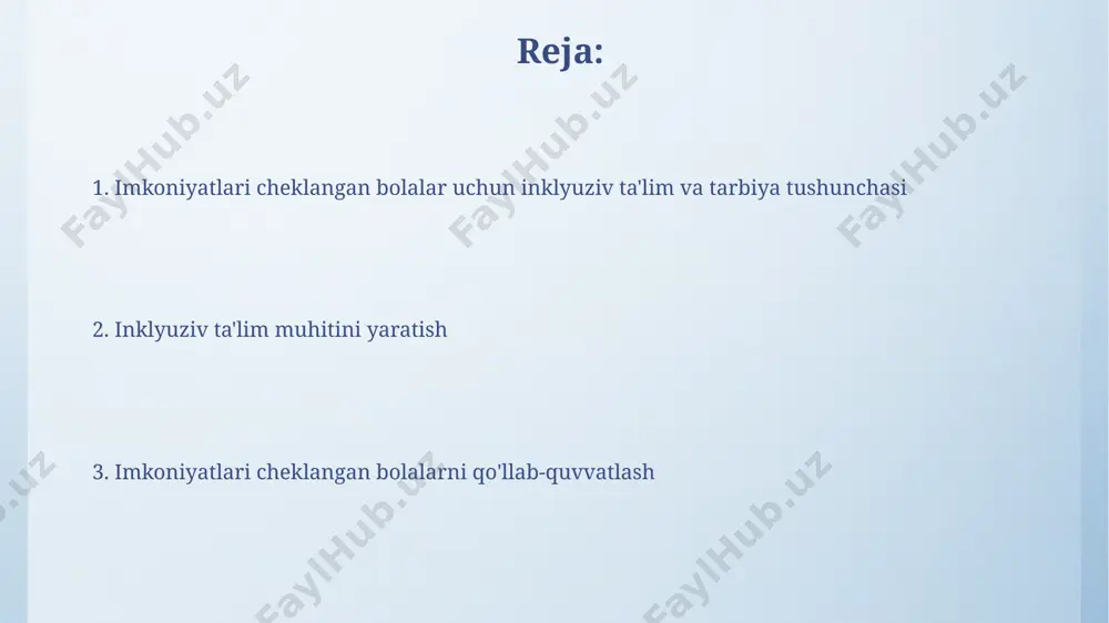angan 150 dan ortiq bola toshkent shahridagi 20 dan ziyod ixtisoslashtirilgan maktab va markazlarda inklyuziv ta’lim oladi, bu ularning ijtimoiy moslashuviga yordam beradi. inklyuziv ta'limning asosiy tamoyillari inklyuziv ta'lim samarqand viloyatining maktablarida qo'llaniladigan amaliyotlarga ko'ra, kamida 10 % nogiron bolalar bilan ishlash tajribasiga ega bo'lgan pedagoglarni tayyorlash va ularning malakasini oshirish orqali samaradorligini oshirishga qaratilgan. inklyuziv yondashuv, masalan, toshkentdagi 5-maktabda qo'llanilganidek, kamida 3 turdagi nogironligi bo'lgan bolalar uchun qo'shimcha resurslar va xodimlarni jalb qilish orqali, ularning teng huquqli ta'lim olish imkoniyatini ta'minlaydi. imkoniyatlari cheklangan bolalar uchun inklyuziv ta'lim va tarbiya tushunchasi samarqand viloyatidagi inklyuziv bog'chalarning 80% dan ortig'ida logoped va defektolog mutaxassislarning ishtiroki bilan nutq va jismoniy rivojlanishdagi nuqsonlarni bartaraf etishga qaratilgan maxsus dasturlar qo'llanilmoqda. toshkent shahridagi 10-maktabda amalga oshirilayotgan inklyuziv ta'lim dasturi, bolalarni ijtimoiylashtirish darajasini 25% ga oshirish bilan birga, o'quvchilarning o'qishga bo'lgan qiziqishini 15% ga yuksaltirdi. inklyuziv ta'lim dasturlari inklyuziv ta'lim dasturlari, masalan, toshkent shahridagi 5-son maktabida qo'llaniladigan …