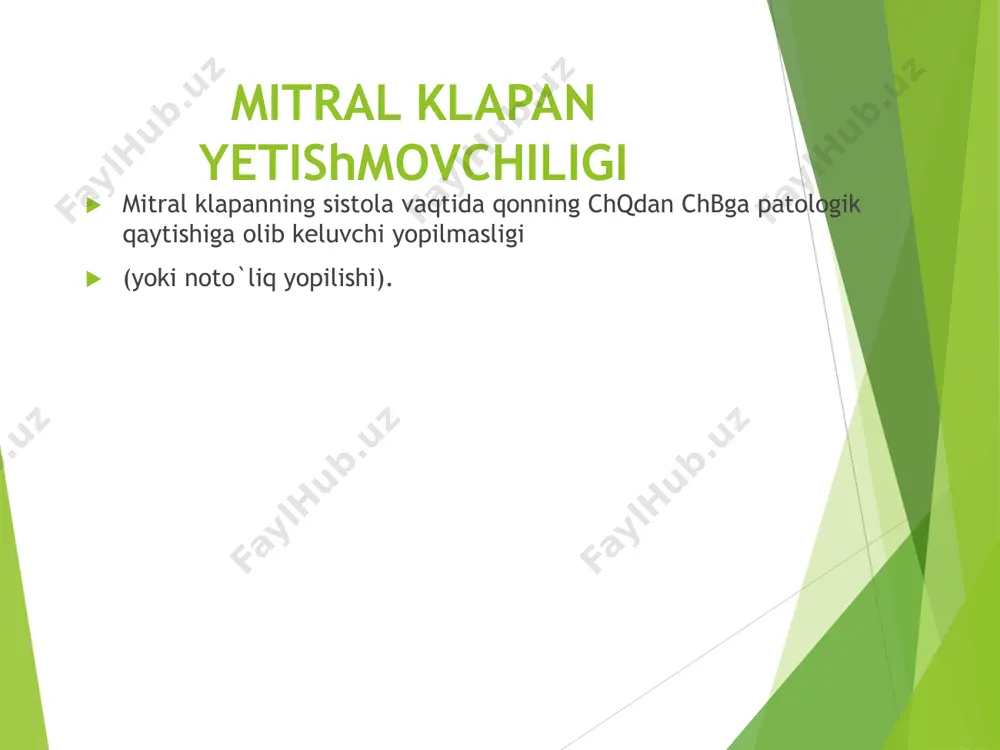 oz  mitral prolapsi  mitral klapan stenozi  tiretoksikoz davolash  yuqsni me'yorlash uchun – yurak glikozidlari, betta adrenoblokatorlar, amiodaron, diltiazem,  verapamil  tromboembolik asoratlar profilaktikasi – antikoagulyantlar  yue –glikozidlari, apf-ingibitorlari, diuretiklar  xirurgik davo – mk rekonstruksiyasi va uni protezlash oqibati  operativ davosiz 5 yil umr kurish 25-40% tashkil kiladi, mkni protezlangandan keyin - 60-80%ni  tashkil kiladi mitral teshik stenozi  chap bo`lmacha-qorincha teshigining chap bo`lmacha va qorincha orasidagi diastolik bosim gradienti  oshishiga olib keluvchi torayishi epidemiologiya  yurakning barcha revmatik illatlari ichida aloxida mitral stenoz 40%ni tashkil qiladi. ko`pincha  ayollarda aniqlanadi (4:1) etiologiya  revmatik isitma  infeksion endokardit  ateroskleroz  tkb, ra patogenez. mitral stenozda asosiy yurakdagi va gemodinamik o`zgarishlarning sxemasi  mitral stenozda asosiy yurakdagi va gemodinamik o`zgarishlarning sxemasi: chap bo`lmacha va kichik qon  aylanish doirasida bosimning oshishi, chap bo`lmacha va qorincha dilatasiya i gipertrofiyasi; strelka  …