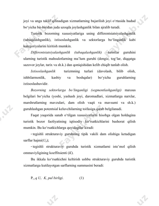 xaridorning bozori» va «sotuvchining bozori»ni bir-biriga taqqoslash kerak (2-chizma). chizma. xaridor va sotuvchi bozori (tb-tovarga talab, tf-tovar taklifi) xizmatlar sohasida talab va taklifni muvofiqlashtirishning quyidagi metodlari mavjud bo‘lib, ulardan turizmda bemalol foydalansa bo‘ladi:, 1) talab tuzilishining «fazaga qarshi» strukturasiga ega yangi xizmatlarni amaldagisi bilan taqqoslagan holda realizatsiya qilish; 2) maksimal talab bo‘lmagan davrda xizmatarga «qo‘shimchalar» marketingi; 3) xarid qobiliyatnining cheklanganligi ta’sir ko‘rsatmaydigan yangi xizmatlar marketingi; 4) xodimlarni bir nechta vazifalarni bir xilda bajarishga o‘rgatish; 5) talab eng yuqori bo‘lgan vaqtlarda yangi xodimlarni qabul qilish; 6) maksimal talab vaqtlarida iste’molichilarga xizmatlar haqida qo‘shimcha axborotlar berish; 7) rag‘batlar, imtiyozlar, va narxlardagi chegirmalardan foydalanish. turizmdagi bozor rejasining asosiy maqsadi ishlab chiqarishning turli omillari va mahsulotni realizatsiya qilishning eng maqbul nisbatiga erishish bo‘lishi kerak. turistik firmaning huquqiy maqomi va shakli, uning faoliyatining o‘ziga xosligi, shuningdek, xizmatlar bozorining holatidan kelib chiqib turistik marketingning yo‘nalishlari va maqsadlari iqtisodiy, «xudbinona», va ijtimoiylarga bo‘linadi. iqtisodiy maqsadlar ma’lum raqam …