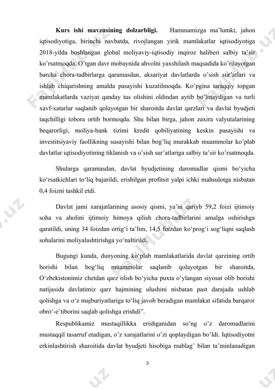 davlat dasturlarining ham pirovard natijada to’liq bajarilishini ta’minlaydi. kurs ishi maqsadi: to’lov balansining mohiyati va tarkibi haqida ilmiy-metodik tavsiyalar ishlab chiqish. kurs ishi ob’ekti: to’lov balansining mohiyati va tarkibi bilan tanishtirish jarayoni kurs ishi predmeti: to’lov balansining mohiyati va tarkibi bilan tanishtirish ko’nikmalari kurs ishining amaliy ahamiyati. kurs ishi jarayonida ilgari surilgan fikrlardan, yondashuvlardan hamda samaradorligini ta’minlovchi kurs ishi natijalaridan pedagogik fanlar bo‘yicha ma’ruzalar tayyorlash, qo‘llanmalar yaratish, shuningdek metodik tavsiyanomalar yaratishda, ish tajribalarini ommalashtirishda samarali foydalanishga xizmat qiladi. kurs ishi ishining tarkibiy tuzilishi va hajmi: ish kirish, 2 bob, 4 bo‘lim, umumiy xulosalar va tavsiyalar, foydalanilgan adabiyotlar ro‘yhatidan iborat. i bob. to’lov balansi to’g’risida tushuncha va tuzulishi 1.1. to’lov balansi to’g’risida tushuncha хo’jalik subyektlarini boshqarish uchun, eng avvalo, ulardagi mablag’lar haqidagi ma’lumotlarga ega bo’lish kerak. shu bilan birga ular, mablag’larning qanday turlariga ega va bu mablag’lar qanday manbalardan tashkil topganligini bilish kerak bo’ladi. bunday ma’lumotlar umumlashtirilgan hodda pul ko’rsatkichlarida ma’lum …