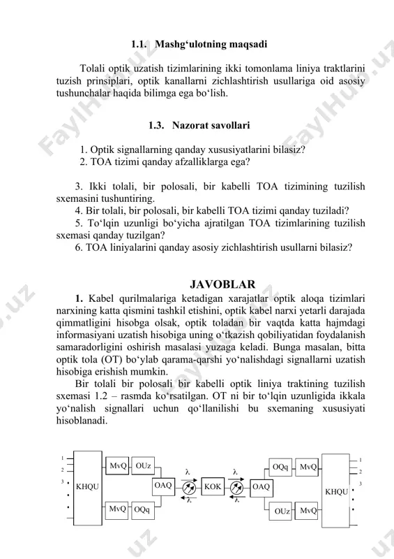 i. lekin subnanosekundli impulslarni uzatish toat uzatib qabul qiluvchi apparaturalarining optoelektron qurilmalarining oxirgi imkoniyatiga yaqin bo‘lgan tezkorligiga juda yuqori talablar qo‘yadi. bundan tashqari optik tolaning dispersiya xususiyatlari tufayli uzatish tezligi, o‘tkazish oralig‘i ham chegaralangan. оuz 1 оc оuz n (n-1) t оuz 2 ∆ t от 1 2 n оуз 1 оc оуз n (n-1) t оуз 2 ∆ t от 1 2 n 1.5-rasm. optik signallar darajasida vaqt bo‘yicha zichlashtirilgan toa tizimining liniya trakti. vaqt bo‘yicha zichlashtirishning asosiy afzalligi bu ot o‘tkazish qobiliyatidan samarali foydalanish koeffisientining ortishi va to‘liq optik aloqa tarmoqlarini yaratish imkoniyatining mavjudligi hisoblanadi. 2. har bir optik tola ikki simli fizik zanjirga o‘xshaydi, chunki kabelning optik tolalari orasida o‘zaro o‘tishlar bo‘lmaydi. shuning uchun toa ning uzatish va qabul qilish traktlari bitta kabel bo‘ylab tashkil etiladi, ya’ni toa bir kabelli hisoblanadi. shu tarzda, berilgan optik liniya traktini tashkil etish sxemasi ikki tolali bir polosali bir kabelli hisoblanadi. …