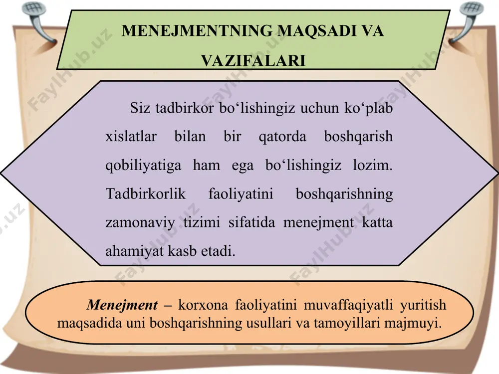 talab qiladi. shunga ko‘ra, har bir soha tegishli bilim va ko‘nikmalarga ega mutaxassislar tomonidan nazorat qilib turiladi. masalan, bevosita ishlab chiqarish jarayoni injener va texnologlar, moliya – moliya menejerlari, buxgalterlar va auditorlar, xodimlar – xodimlar masalalari bo‘yicha mutaxassislar, ta’minot – sotish bo‘yicha mutaxassislar, marketologlar tomonidan nazorat qilinadi. korxona rahbari esa ular faoliyatini muvofiqlashtirib, umumiy boshqaruvni amalga oshiradi. boshqaruv usullari siz o‘z korxonangizni samarali boshqarish uchun uning usullari to‘g‘risida tushunchaga ega bo‘lishingiz lozim korxonani boshqarish usullari – boshqaruv subyektining muayyan natijalarga erishish maqsadida boshqaruv obyektiga ta’sir o‘tkazish usullari majmuyi. boshqaruv usullari vositasida korxonadagi iqtisodiy jarayonlarga ta’sir etiladi. ta’sir ko‘rsatish mazmuniga ko‘ra boshqaruvning tashkiliy-idoraviy, iqtisodiy va ijtimoiy-psixologik usullari mavjud.