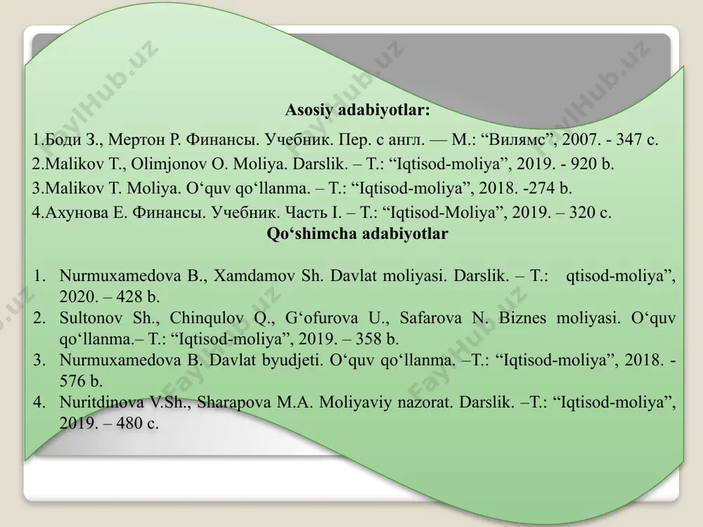 azorat predmeti moliyaviy nazorat tamoyillari moliyaviy nazorat usullari moliyaviy nazorat mexanizmi moliyaviy nazorat jarayoni 5 nazorat - bu biror ishning, narsaning ahvoli, kishining yurish-turish va shu kabi ustidan doimo kuzatish, tekshirish. nazorat – davlat boshqaruv organlarining ayrim boshqaruv sohalarida davlat tomonidan belgilangan qoidalarga xo’jalik subyektlar, mansabdor shaxslar rioya etishini nazorat q’ilishdan iborat faoliyatdir. moliyaviy nazorat – bu moliyaviy tekshirish va u bilan bog’liq bo’lgan masalalar xarakatini va muomalasini majmui bo’lib, xo’jalik subyektlari faoliyatini va boshqarishni uziga xos usullar va shakllar yordamida tashkil etishdir. moliyaviy nazorat- davlat va jamoat organlarining; kengaytirilgan takroriy ishlab chiqarishda rejali mutanosiblikka rioya qilish maqsadlarida markazlashtirilgan va mahalliy pul jamg’armalarini shakllantirish hamda ulardan foydalanish jarayonlarining asosli ekanligini tekshirishdan iborat faoliyatdir. e.a.voznesenskiy d.a.allaxverdyan moliyaviy nazorat-davlat nazoratining tarkibiy qismi, iqtisodiy boshqarish va rejalashtirish butun tizimining elementidir. i.a.belobjetskiy iqtisodiy nazorat qabul qilingan boshqaruv qarorlarining asosliligi va samaradorligini va ular ijrosining natijalarini baholash maqsadi bilan boshqariluvchi ob’ektning ish olib borish jarayoni …