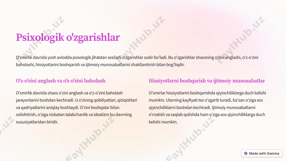 ish ko`nikmalarini rivojlantiradilar. o`smirlar o`zlarining ijtimoiy rollarini aniqlash, o`ziga xos guruhga mansubliklik tuyg`usini shakllantirishga harakat qiladilar. do`stlik munosabatlari o`smirlarning do`stlik munosabatlari kattalarnikidan farq qiladi. do`stlar o`zaro ishonch, qiziqishlar va fikr almashishni qadrlaydilar. ular bir-birlariga qo`llab-quvvatlash va tushunishga tayyor bo`ladilar. oilaviy munosabatlar o`smirlar oila bilan munosabatlarini qayta ko`rib chiqishni boshlaydilar. ular o`zlarini mustaqil deb hisoblaydilar, oiladan ajralib chiqishga intiladilar, ammo oilaviy qo`llab-quvvatlashga ham ehtiyoj sezadilar. oilaviy munosabatlarda ishonch va tushunish muhimdir. guruhga mansubliklik o`smirlar o`zlariga o`xshash qiziqishlar va fikrlashga ega bo`lgan guruhga mansubliklikni istaydilar. bu guruh ularga o`zlarini qabul qilingan va qo`llab- quvvatlangan his qilishga yordam beradi. muloqot qilish ko`nikmalari o`smirlar o`zaro muloqot qilish ko`nikmalarini rivojlantiradilar. ular bir-birlarini tushunish, o`z fikrlarini ifoda etish va nizolarni hal qilishni o`rganadilar. https://gamma.app/?utm_source=made-with-gamma aqliy rivojlanish va dunyoqarash shakllanishi o`smirlik davrida yosh avlodning aqliy qobiliyatlari tez sur`atlarda rivojlanadi, bu ularning dunyoqarashini shakllantirishga katta ta`sir ko`rsatadi. o`smirlar o`z atrofidagi dunyoni yangicha ko`z bilan qarashni, murakkab muammolarni hal …