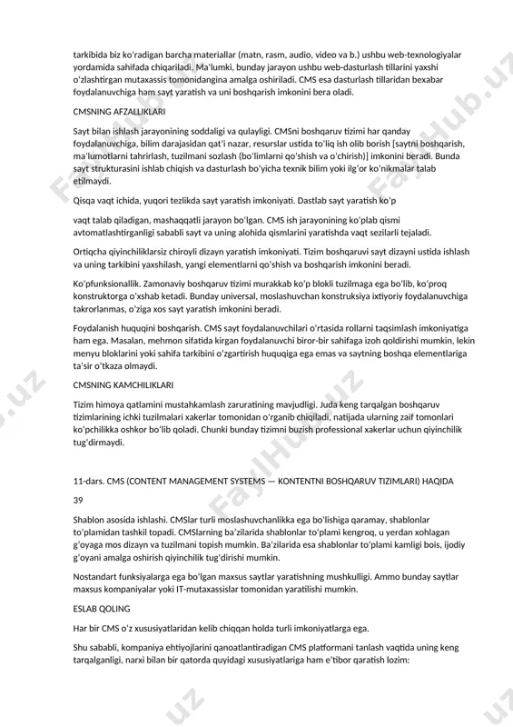 ulotlar katalogini o‘zgartirish, buyurtma berish kabi jarayonlarni amalga oshirish imkoniyatlarini ham beradi. 38 iii bob. cms — kontentni boshqaruv tizimlari har qanday internet sayti html tili, css kaskadli stillar jadvali, php, javascript singari web- texnologiyalar hamda mysql kabi ma’lumotlar bazasini boshqarish tizimlari yordamida yaratiladi. sayt tarkibida biz ko‘radigan barcha materiallar (matn, rasm, audio, video va b.) ushbu web-texnologiyalar yordamida sahifada chiqariladi. ma’lumki, bunday jarayon ushbu web-dasturlash tillarini yaxshi o‘zlashtirgan mutaxassis tomonidangina amalga oshiriladi. cms esa dasturlash tillaridan bexabar foydalanuvchiga ham sayt yaratish va uni boshqarish imkonini bera oladi. cmsning afzalliklari sayt bilan ishlash jarayonining soddaligi va qulayligi. cmsni boshqaruv tizimi har qanday foydalanuvchiga, bilim darajasidan qat’i nazar, resurslar ustida to‘liq ish olib borish [saytni boshqarish, ma’lumotlarni tahrirlash, tuzilmani sozlash (bo‘limlarni qo‘shish va o‘chirish)] imkonini beradi. bunda sayt strukturasini ishlab chiqish va dasturlash bo‘yicha texnik bilim yoki ilg‘or ko‘nikmalar talab etilmaydi. qisqa vaqt ichida, yuqori tezlikda sayt yaratish imkoniyati. dastlab sayt …